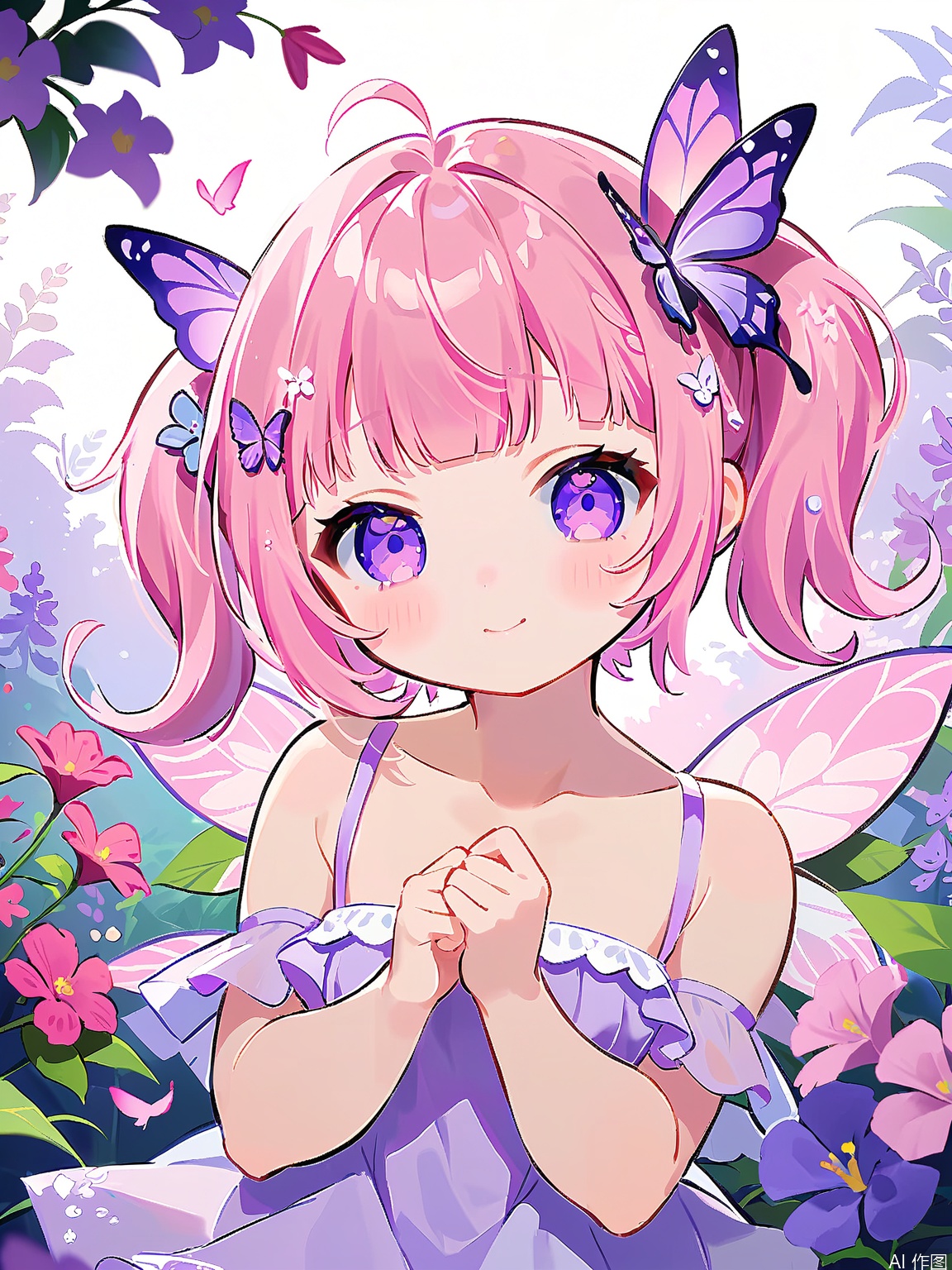 KAF, A charming anime-style drawing of a girl with twintails in shades of pink and lavender, wearing a cute, fairy costume with sparkly wings and a flower crown. The costume is made of sheer, pastel-colored fabric with fluttering, ribbon accents. She has innocent, curious eyes and a sweet, shy smile. The setting is a sunlit, flower-filled glade, with butterflies and hummingbirds.