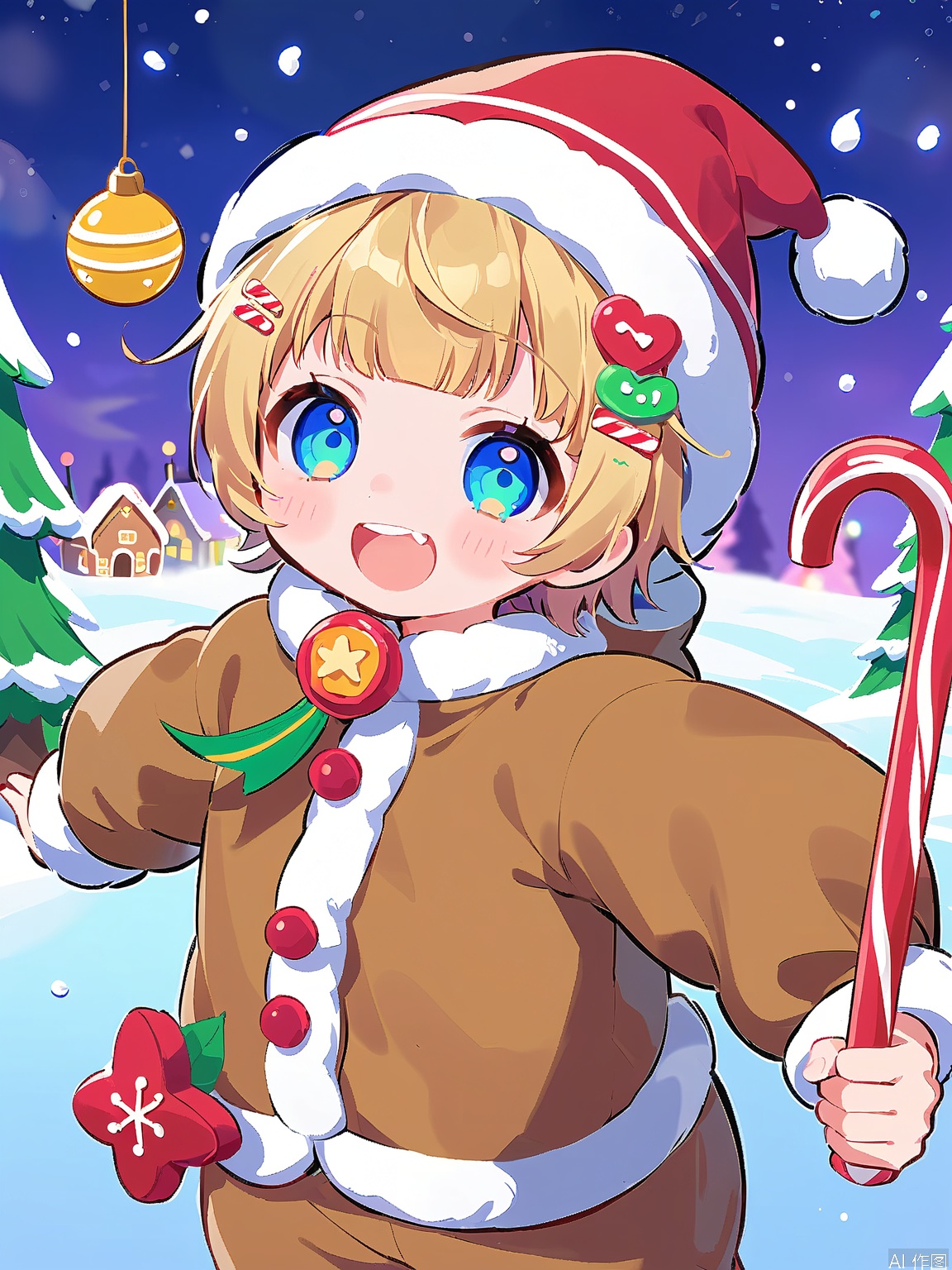 KAF, An adorable anime-style illustration of a boy with short, blond hair, wearing a cozy, gingerbread house costume with candy cane accents and a gumdrop button. The costume is made of soft, brown fabric with colorful, edible decorations. He has cheerful, festive eyes and a wide, excited grin. The background is a snowy, winter wonderland, with twinkling lights and decorated trees.