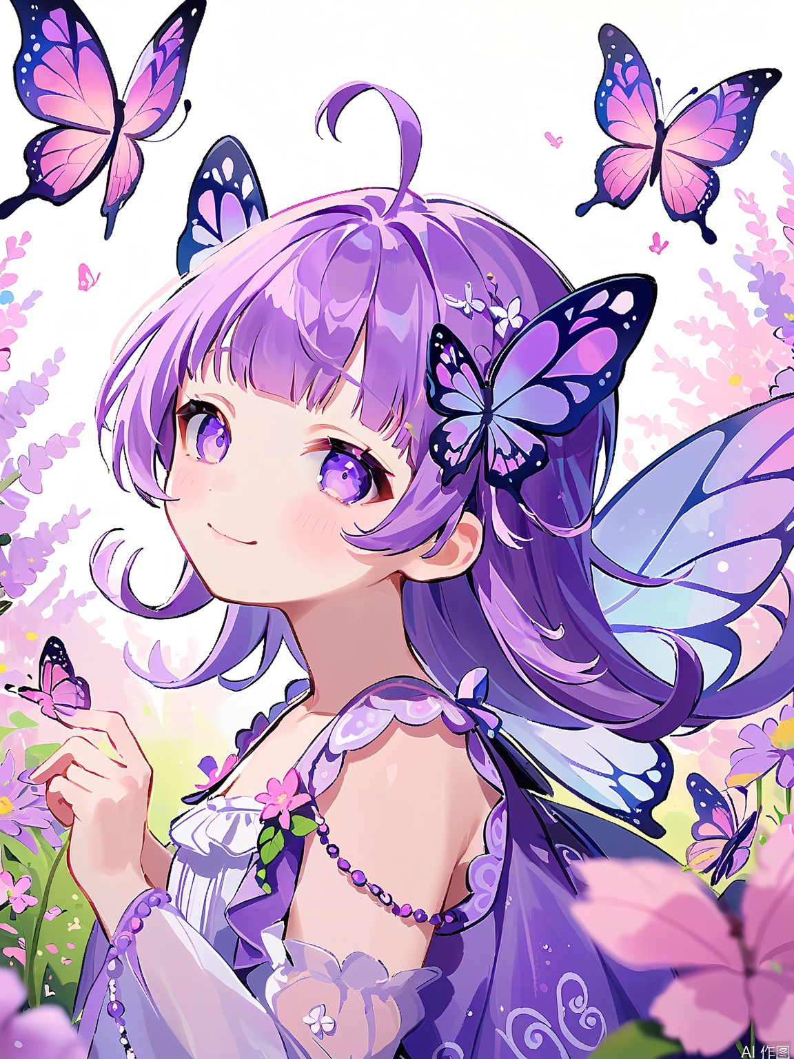 KAF, A charming anime-inspired drawing of a girl with long, braided hair in shades of purple and pink, wearing a whimsical, butterfly costume with delicate, translucent wings and antennae. The costume is adorned with floral patterns and tiny, iridescent beads. She has gentle, compassionate eyes and a serene, peaceful smile. The background is a flowery meadow, with butterflies fluttering around her.