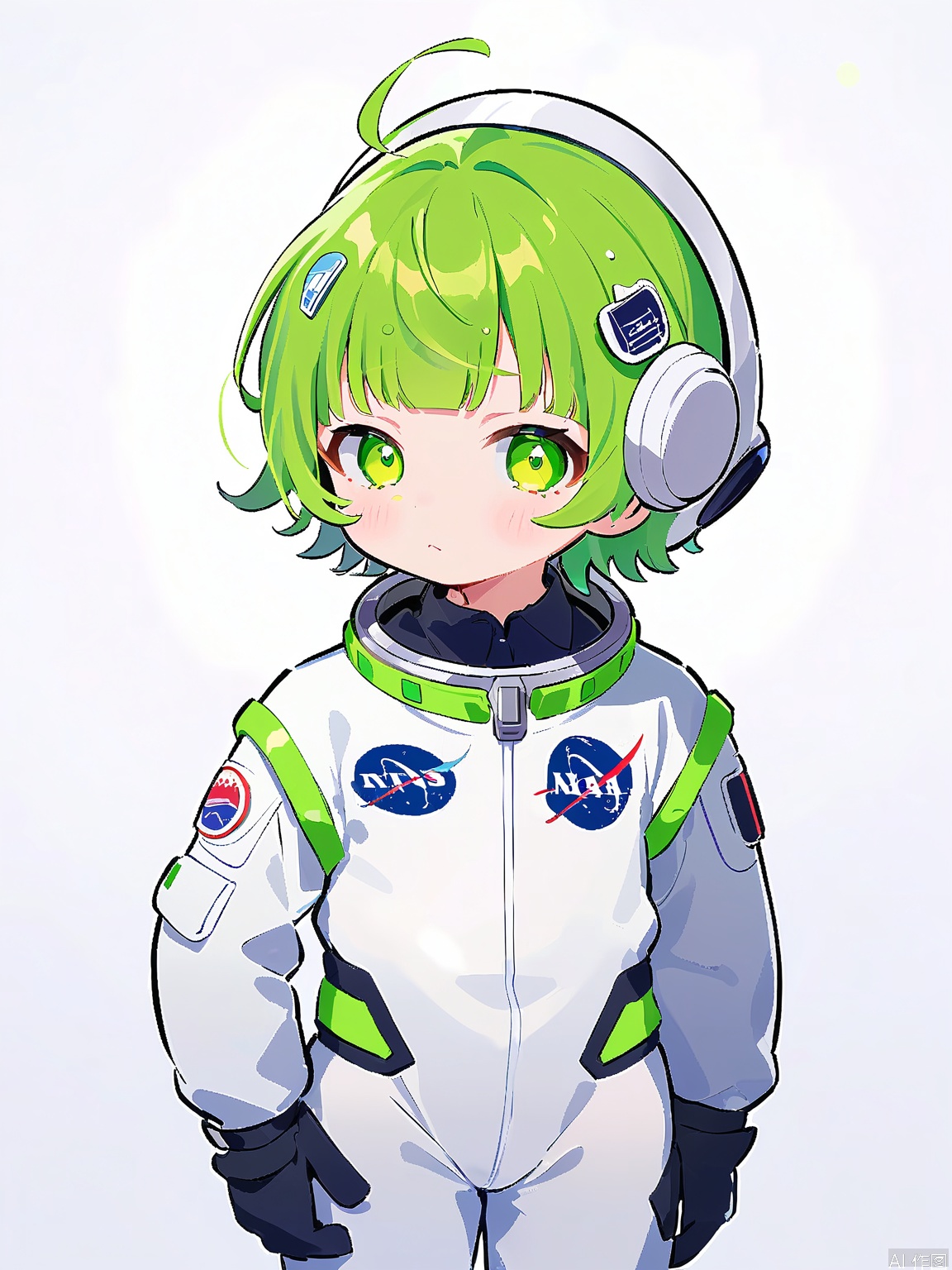 KAF, An endearing anime-style sketch of a boy with curly, green hair, dressed in a futuristic, astronaut costume with a sleek, silver helmet and glowing, neon accents. The suit is adorned with patches and badges from various space missions. He has determined, adventurous eyes and a confident, ready-for-anything expression. The backdrop is the vastness of space, with distant stars and galaxies.
