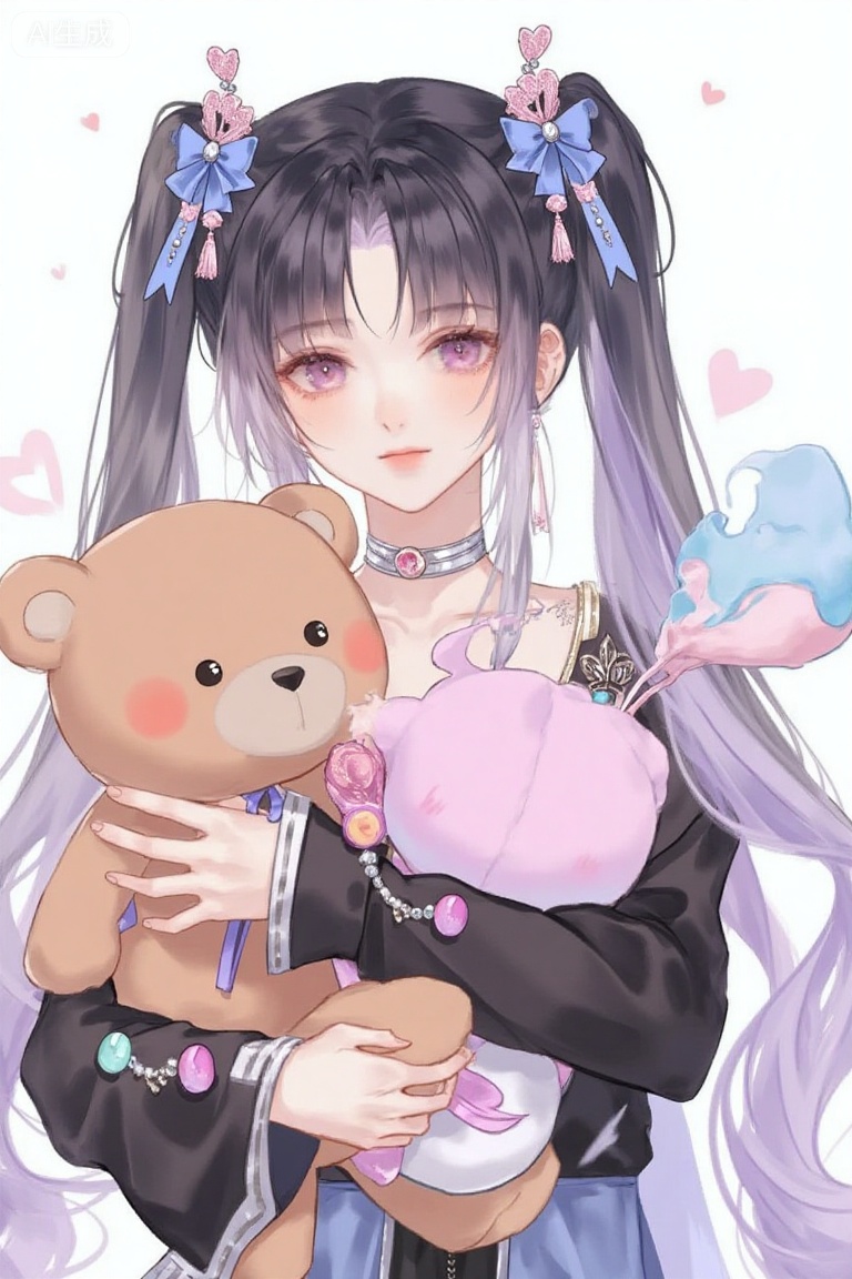 1girl,stuffed toy,stuffed animal,solo,teddy bear,twintails,pink eyes,bangs,bow,white background,collar,jewelry,ribbon,looking at viewer,long hair,multicolored hair,purple hair,earrings,heart,food,simple background,upper body,black hair,ear piercing,long sleeves,hair bow,holding stuffed toy,closed mouth,holding,piercing,hair ribbon,candy,hair ornament,blunt bangs,blue bow,dress,gradient hair,blue ribbon,object hug,shirt,braid,collarbone,black shirt,