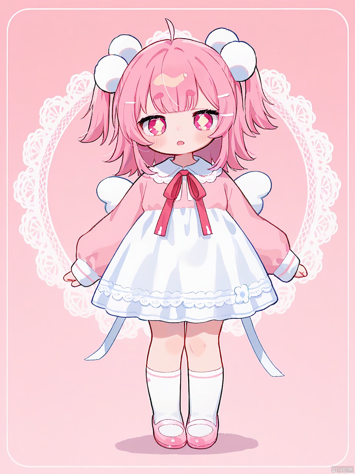KAF, An anime-inspired depiction of a delightful young girl with soft peach hair, wearing a fluffy, peach-colored dress with lace trim and a ribbon, standing on tiptoe with a small peach bunny plush held close. The background is a gentle gradient of peaches and pinks. Her eyes are bright and full of life, and her expression is pure joy. The art is rendered in a kawaii style, with soft, gentle lines.
