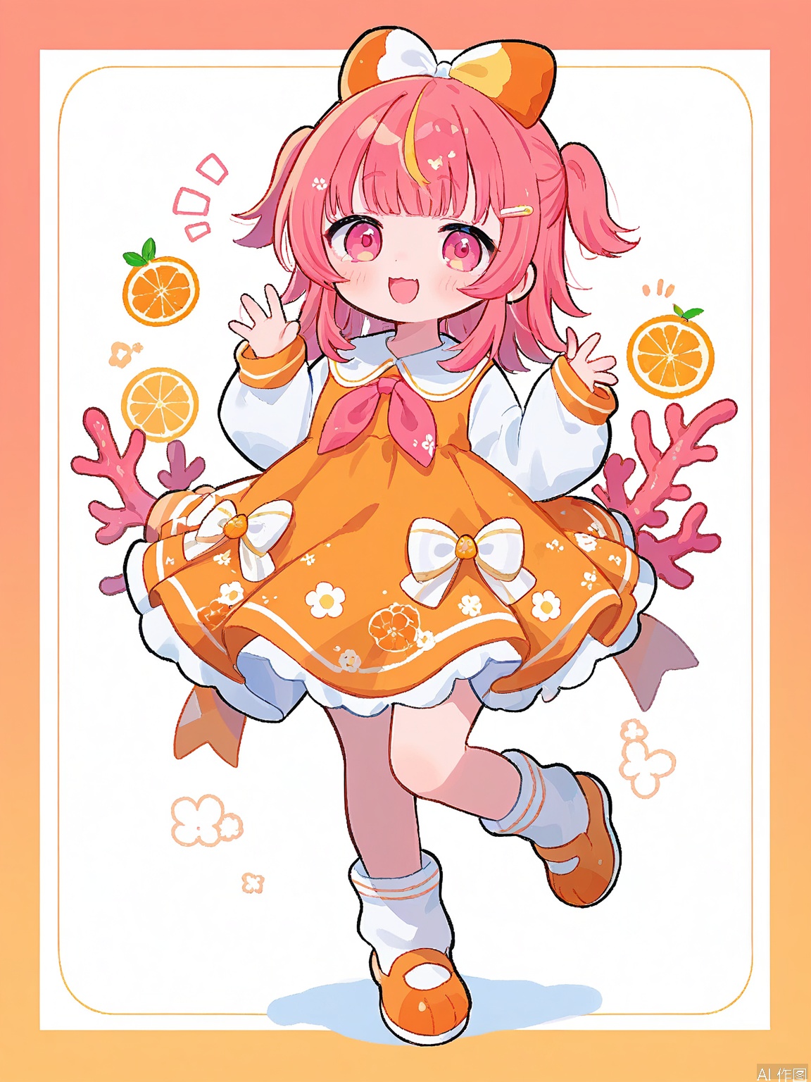 KAF, An anime-like illustration of a delightful young girl with coral pink and orange ombre hair, wearing a vibrant, coral-colored and orange dress with a floral pattern and a big bow, dancing with a tiny coral and orange seashell plush in her hands. The background is a lively mix of corals, oranges, and pinks. Her eyes are bright and full of vitality, and her smile is warm and inviting. The style is kawaii, with a focus on dynamic, rounded lines.
