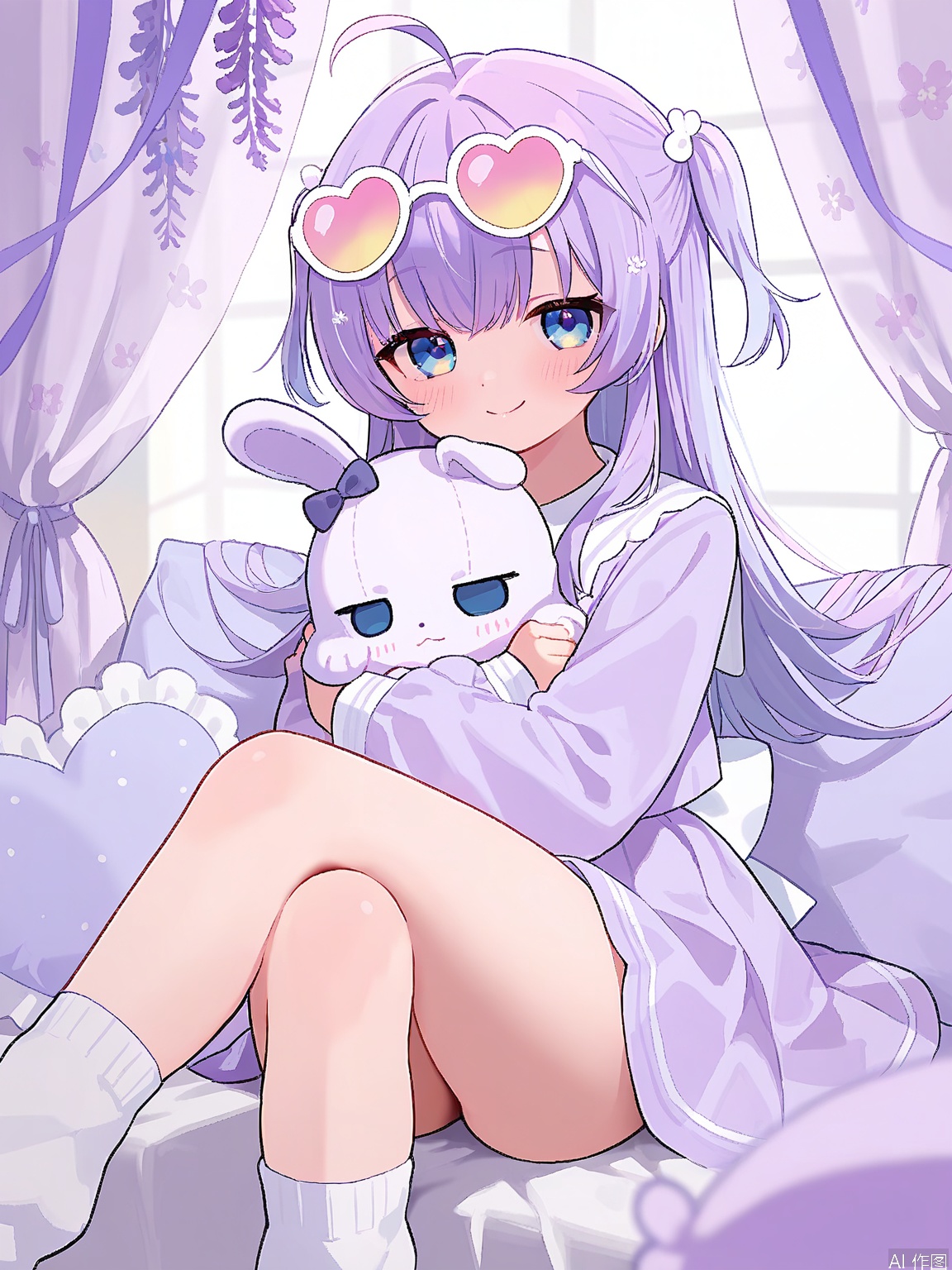 KAF, Anime-inspired illustration of a sweet young girl with lavender hair, dressed in a dreamy, light purple gown adorned with floral patterns and a silk ribbon. She's sitting cross-legged, hugging a small lavender bunny plushie. The backdrop is a serene mix of pastel purples and blues. Her big, innocent eyes and cheerful smile radiate warmth. The art style is all about cuteness, with gentle curves and pastel shades.
