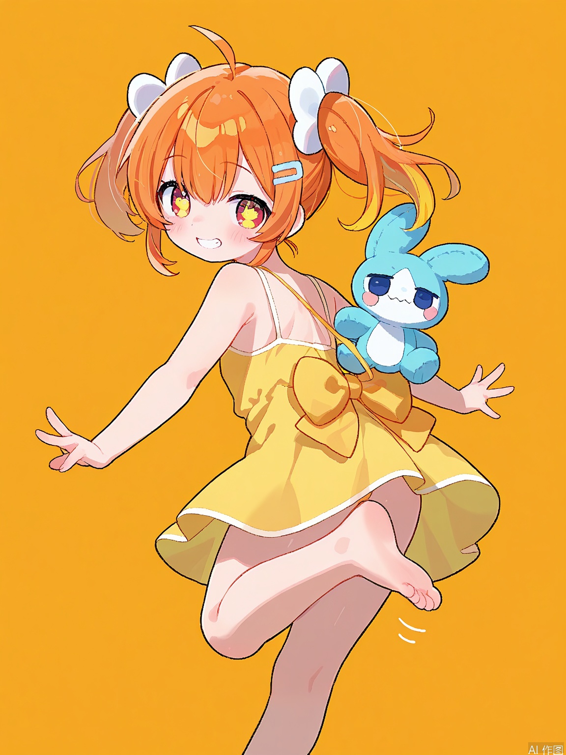 KAF, A charming anime-style portrayal of a young girl with bright orange pigtails, wearing a sunny yellow sundress with a big bow at the back, skipping happily with a small orange kitten plush in her arms. The background is a bright, cheerful yellow fading into soft whites. Her eyes are wide and full of wonder, and her grin is infectious. The artwork is crafted in a kawaii style, featuring soft, playful lines.
