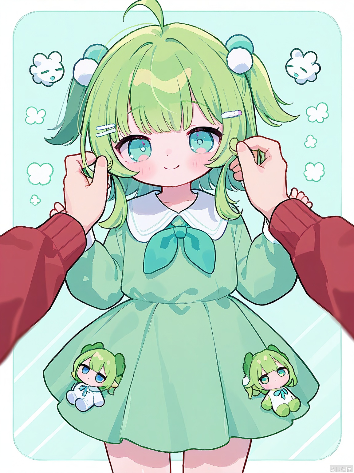 KAF, Anime-like drawing of a precious little girl with mint green hair, dressed in a whimsical, layered green dress with a bow at the waist, twirling gracefully with a tiny mint green dragon plushie in her hand. The background is a tranquil blend of pastel greens and creams. Her eyes are large and curious, and her smile is enchanting. The style embraces the kawaii aesthetic, with a focus on soft, rounded forms.
