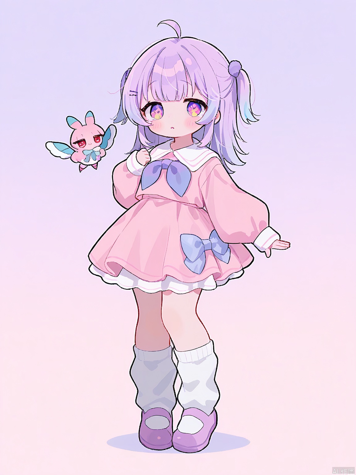 KAF, Anime-style portrayal of a precious little girl with lavender purple and pink ombre hair, dressed in a lavender and pink dress with flutter sleeves and a bow, standing on tiptoe with a small lavender and pink dragonfly plush in her hands. The background is a soft, pastel lavender and pink gradient. Her eyes are wide and full of curiosity, and her expression is playful and sweet. The artwork embraces the kawaii aesthetic.
