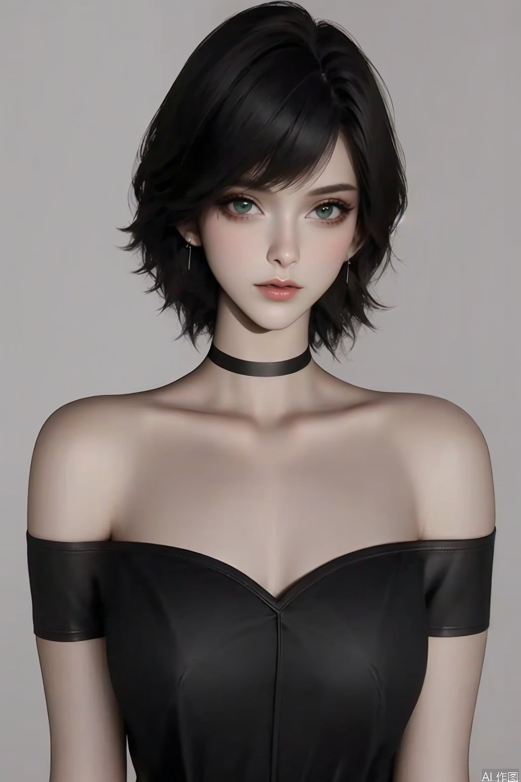 1girl solo looking at viewer short hair black hair bare shoulders jewelry green eyes  earrings parted lips choker necklace lips makeup black choker realistic