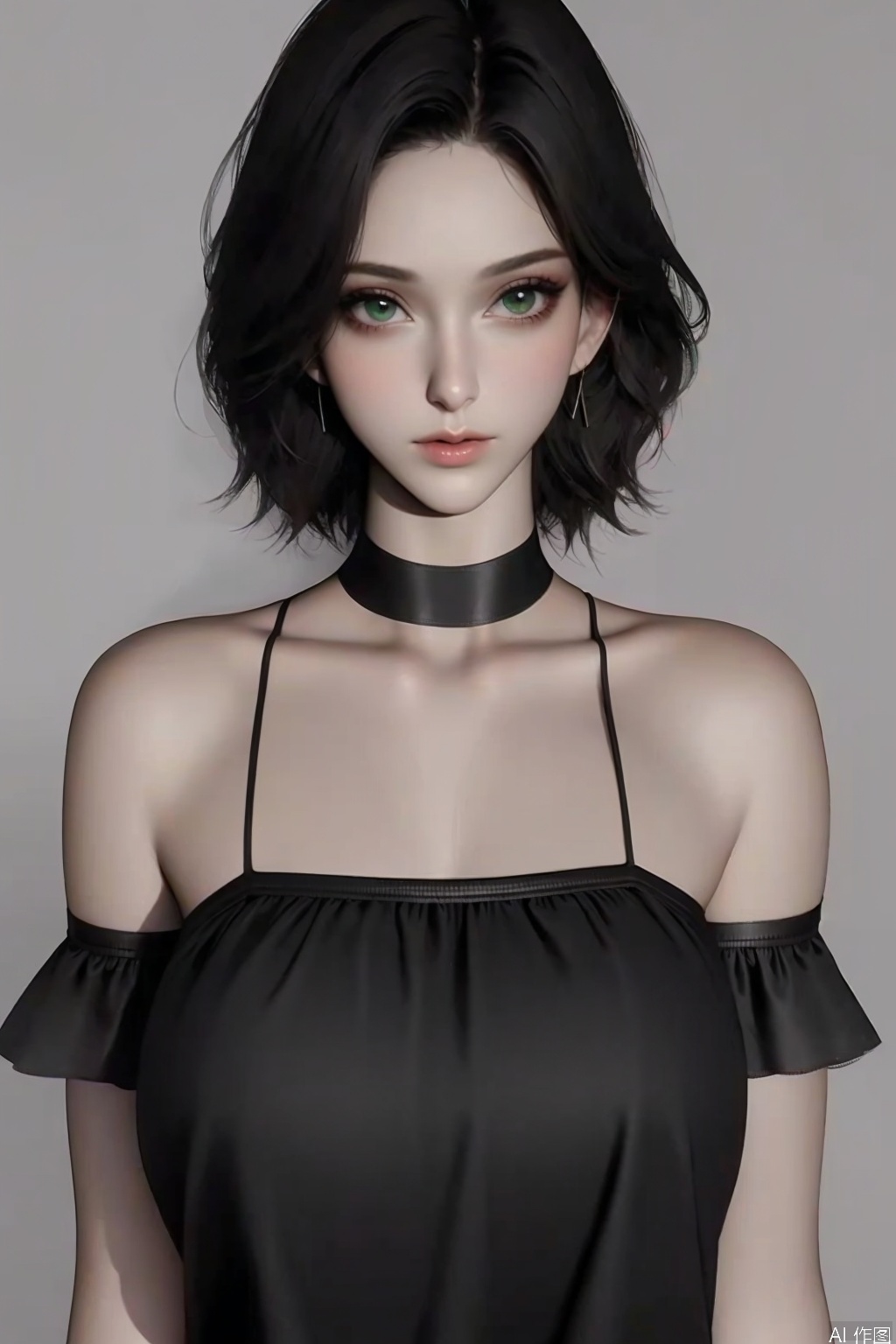 1girl solo looking at viewer short hair black hair bare shoulders jewelry green eyes upper body earrings parted lips choker necklace lips makeup black choker realistic