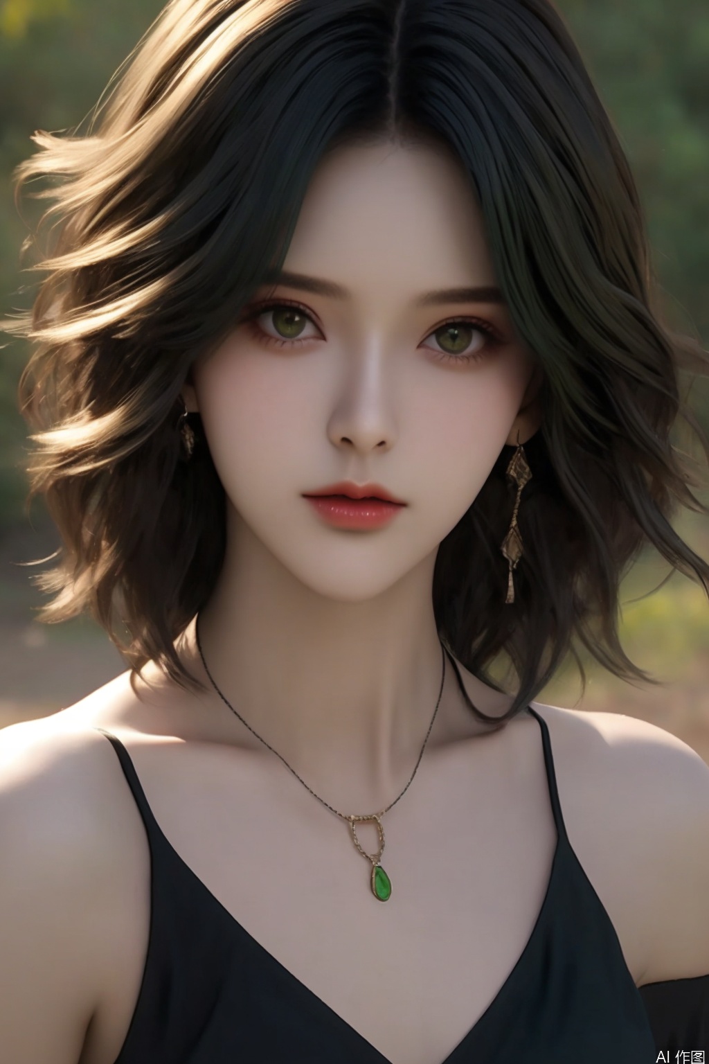 1girl solo looking at viewer short hair black hair bare shoulders jewelry green eyes  earrings parted lips choker necklace lips makeup black choker realistic