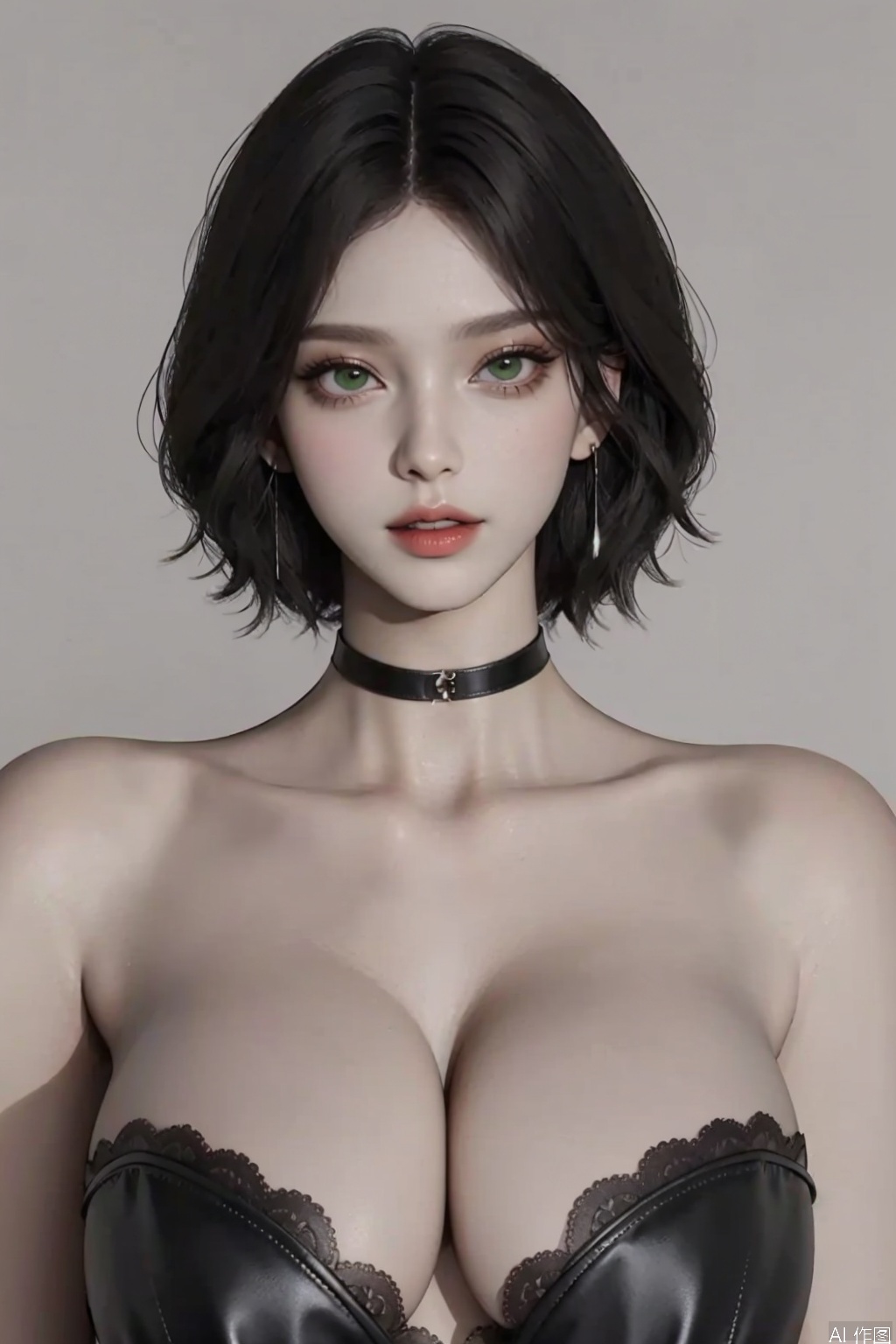1girl solo looking at viewer short hair black hair bare shoulders jewelry green eyes  earrings parted lips choker necklace lips makeup black choker realistic