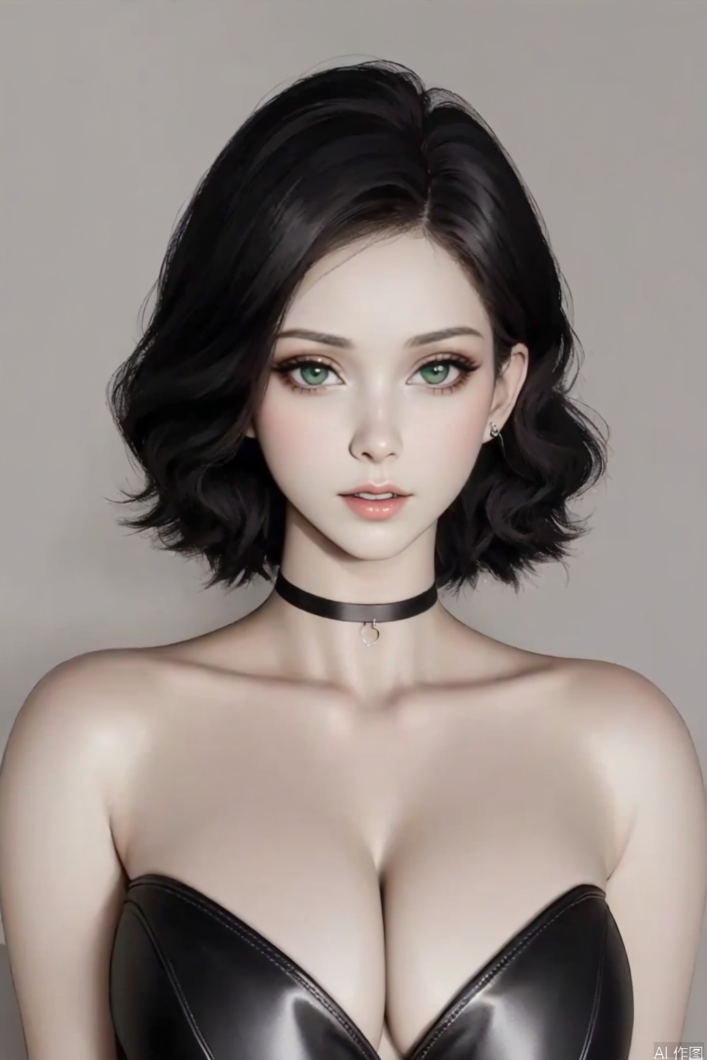 1girl solo looking at viewer short hair black hair bare shoulders jewelry green eyes  earrings parted lips choker necklace lips makeup black choker realistic