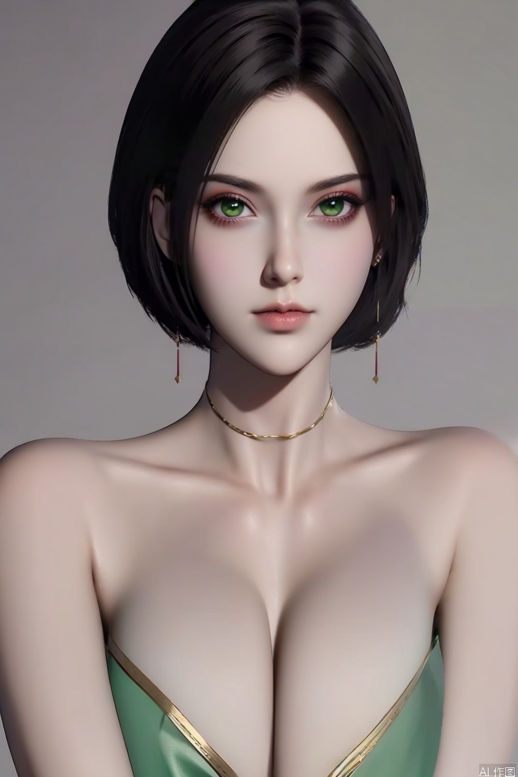 1girl solo looking at viewer short hair black hair bare shoulders jewelry green eyes  earrings parted lips choker necklace lips makeup black choker realistic