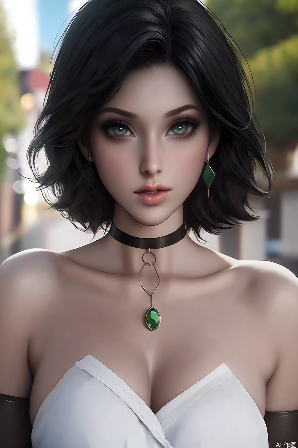 1girl solo looking at viewer short hair black hair bare shoulders jewelry green eyes  earrings parted lips choker necklace lips makeup black choker realistic