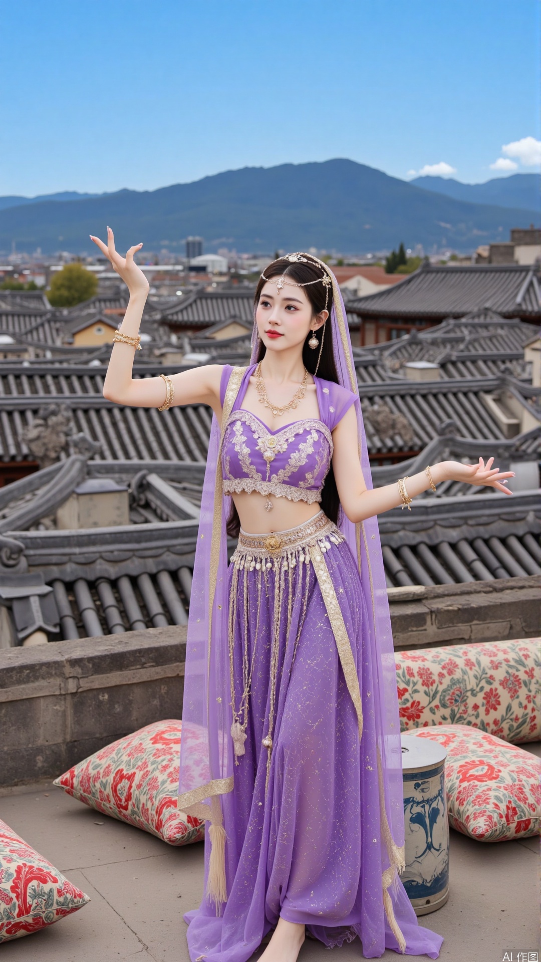 The image shows a young woman standing on a rooftop with a beautiful view of a city and mountains in the background. She is wearing a traditional Chinese outfit, which is a purple and gold lehenga with intricate embroidery and a matching dupatta draped over her shoulders. The woman has long dark hair styled in loose waves and is wearing gold jewelry and earrings. She has her arms stretched out to the sides and her hands are clasped together in front of her. The rooftop is covered in traditional Chinese tiles and there are several colorful pillows scattered around. The sky is blue and the overall mood of the image is peaceful and serene.