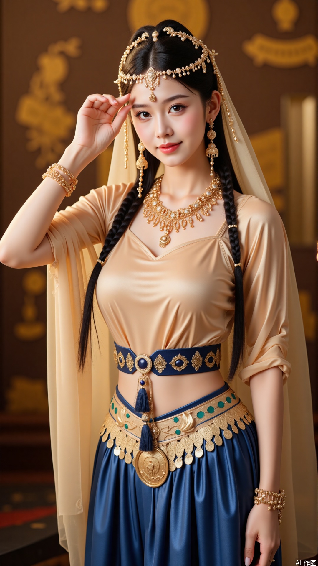 The image is a portrait of a young woman dressed in traditional Chinese clothing. She is wearing a beige top with a blue skirt and gold jewelry. Her hair is styled in long braids and she is also wearing a gold headpiece with intricate designs and earrings. The woman is posing with one hand on her hip and the other resting on her forehead. The background is blurred, but it appears to be an indoor setting with gold decorations. The overall mood of the image is elegant and regal.