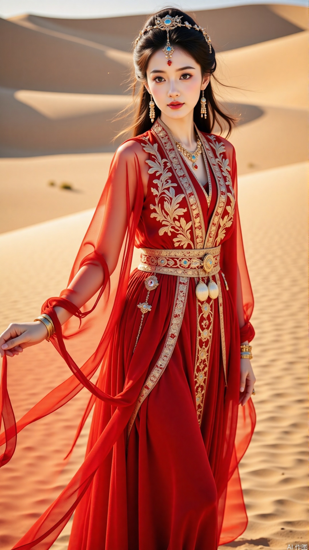 The image is a portrait of a young woman wearing a traditional Chinese outfit. She is standing in a desert-like setting with sand dunes in the background. The woman is wearing a long, flowing red dress with intricate gold embroidery and embellishments. The dress has a high neckline and long sleeves, and the skirt is flowing in the wind. She has long dark hair styled in loose waves and is wearing gold earrings and a headpiece with a floral design. Her makeup is dramatic and dramatic, with dark eyeliner and red lipstick. The overall mood of the image is elegant and regal.