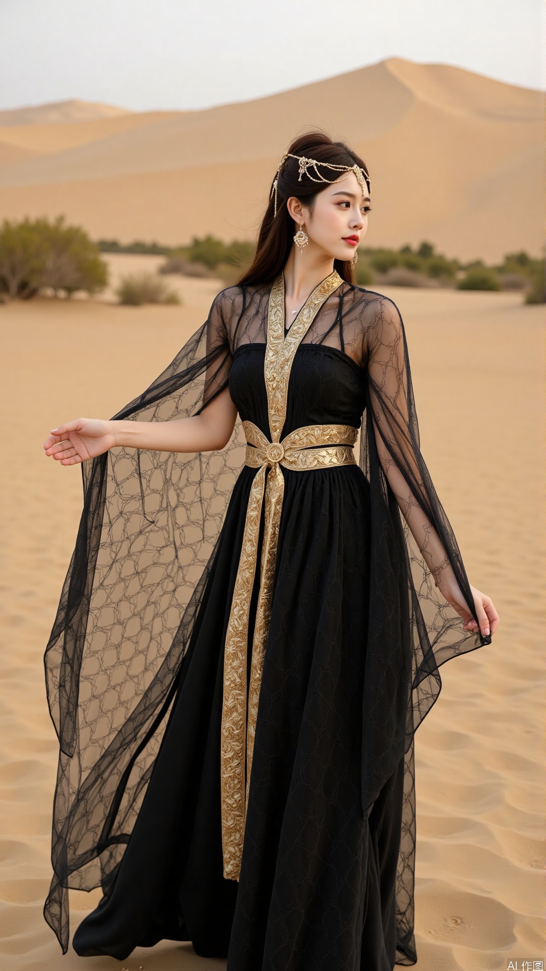 The image shows a young woman standing in a desert-like landscape. She is wearing a long, flowing black dress with gold accents and a gold headpiece. The dress has a high neckline and long sleeves, and the skirt is made of a sheer fabric with a geometric pattern. The woman is holding the dress with one hand and her other hand is resting on her hip. She has long dark hair styled in loose waves and is looking off to the side with a serious expression on her face. The background is blurred, but it appears to be a vast expanse of sand dunes and shrubs. The overall mood of the image is mysterious and ethereal.