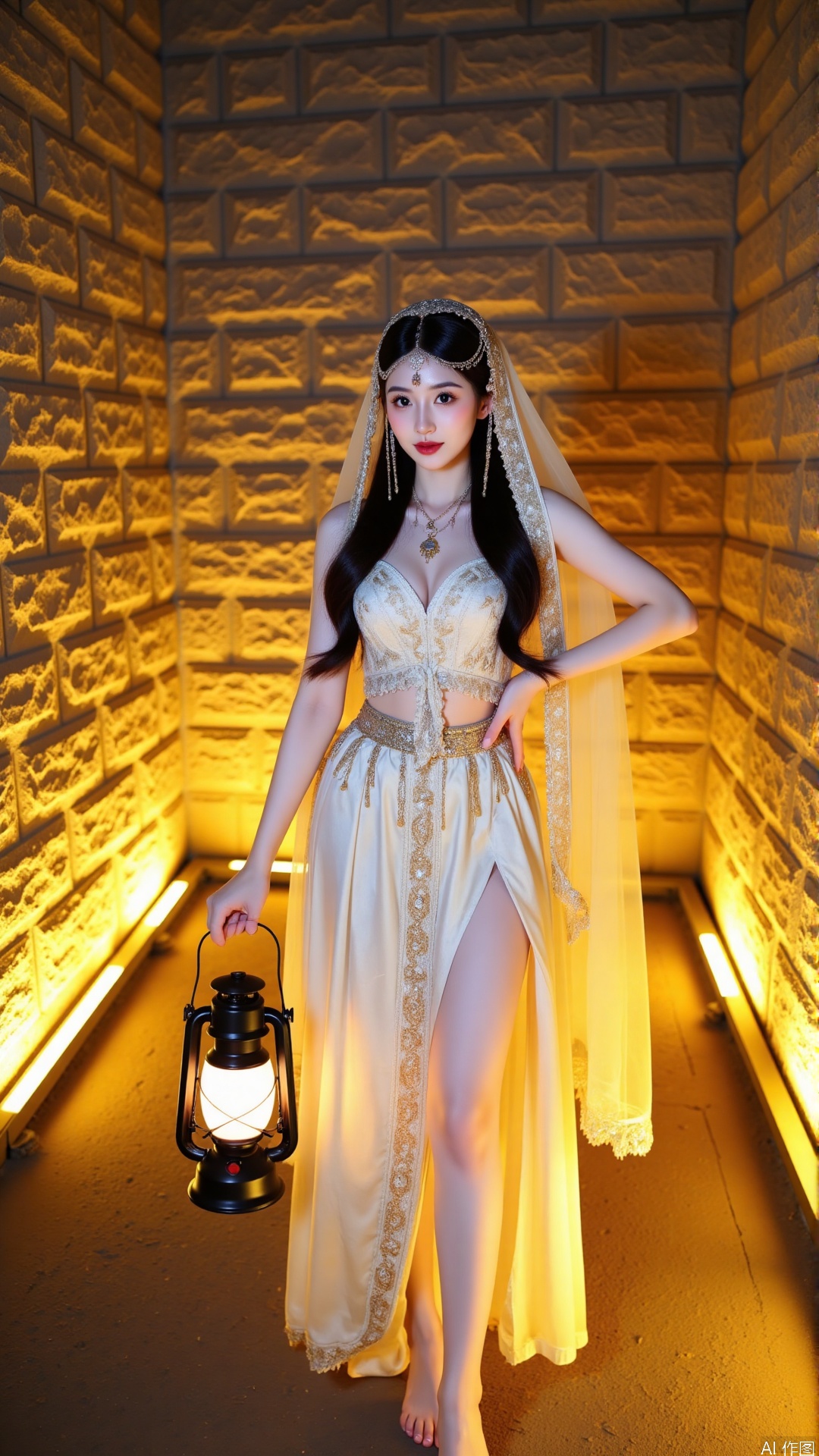 The image shows a young woman standing in a stone tunnel with a lantern in her hand. She is wearing a long, flowing white dress with intricate gold embroidery and a veil covering her head. The dress has a high slit on the side, revealing her legs. She has long dark hair styled in loose waves and is wearing red lipstick. The woman is posing with one hand on her hip and the other holding the lantern with the other. The tunnel is lit with yellow lights, creating a warm and eerie atmosphere.