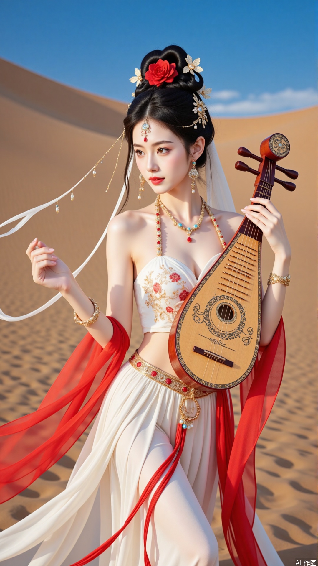 A richly detailed,vibrant photograph of a young woman in traditional East Asian dress,possibly inspired by ancient Chinese or South Korea culture,with fair skin and a delicate oval face,with delicate makeup accentuating her facial features,her dark hair coiled in a delicate high bun,an intricate braid and adorned with a gold headdress,the headdress has a striking red flower and delicate gold details,She wore a flowing and gorgeous outfit,including a white sleeveless blouse with intricate embroidery and an elegantly draped matching skirt that showed a hint of bare shoulders. The outfit was paired with a red translucent cape that floated dramatically around her,adding a sense of movement and elegance. Her accessories included a gold necklace and matching earrings,with other decorations on the wrists and ankles,Holding a golden lute with intricate patterns and red embellishments,she carefully holds it with both hands,with a vast desert landscape and clear blue sky in the background,in stark contrast,highlighting the ethereal,otherworldly quality of her costumes and scenes,an image that captures the timeless beauty and cultural richness,