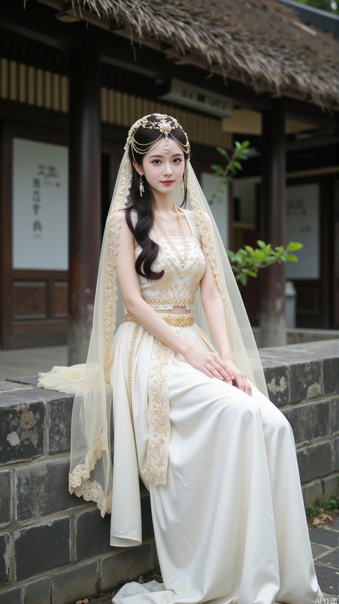 The image is a portrait of a young woman wearing a traditional Chinese wedding dress. She is sitting on a stone ledge with a thatched roof in the background. The woman is wearing a long white dress with intricate gold embroidery and a long veil that cascades over her shoulders. Her hair is styled in loose waves and she is wearing gold earrings and a headpiece with a floral design. She has a serious expression on her face and is looking directly at the camera. The overall mood of the image is elegant and romantic.