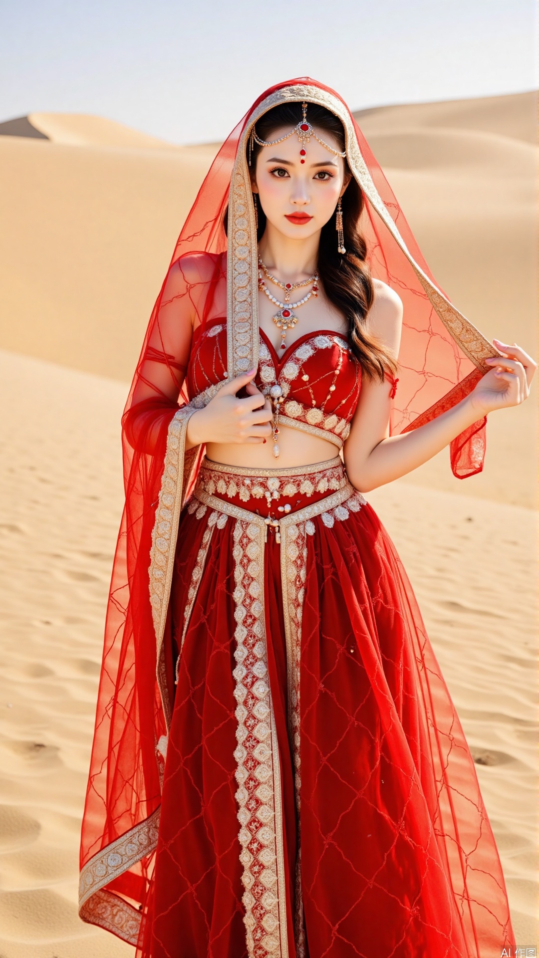 The image is a portrait of a young woman dressed in traditional Indian attire. She is standing in a desert-like landscape with sand dunes in the background. The woman is wearing a red and gold lehenga with intricate embroidery and embellishments on the bodice and skirt. She has a red veil covering her head and shoulders, and her hair is styled in loose waves. Her makeup is done in a traditional Indian style with bold red eyeshadow and red lipstick. She appears to be posing with one hand on her hip and the other resting on her chest. The overall mood of the image is elegant and serene.
