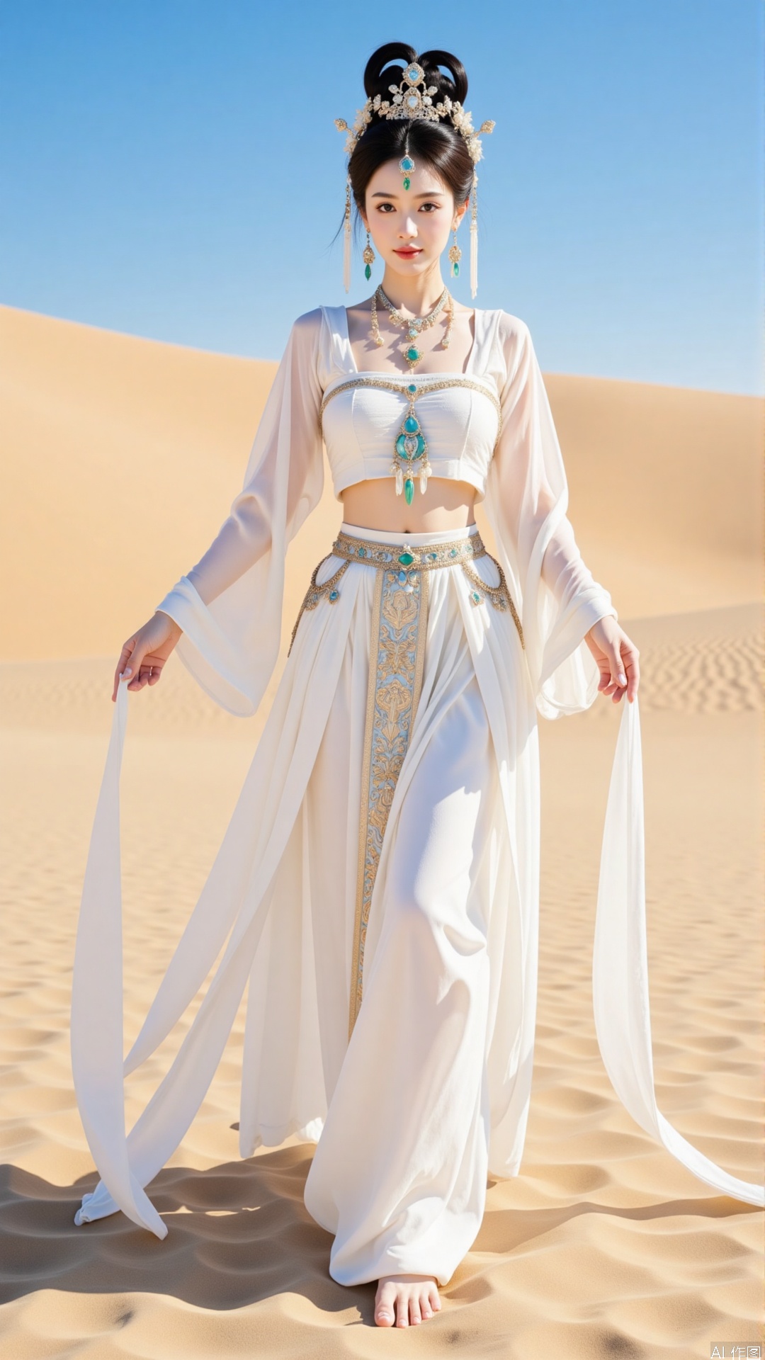 The image shows a young woman standing in a desert-like landscape with a clear blue sky in the background. She is wearing a white traditional Chinese outfit with intricate details and jewelry. The outfit consists of a long, flowing skirt with a high neckline and long sleeves. The skirt is made of a sheer fabric that cascades down to the floor. The woman is also wearing a pair of statement earrings and a necklace with a large pendant. Her hair is styled in a high bun with a flower crown on top. She has a serious expression on her face and is looking directly at the camera. The overall mood of the image is elegant and regal.
