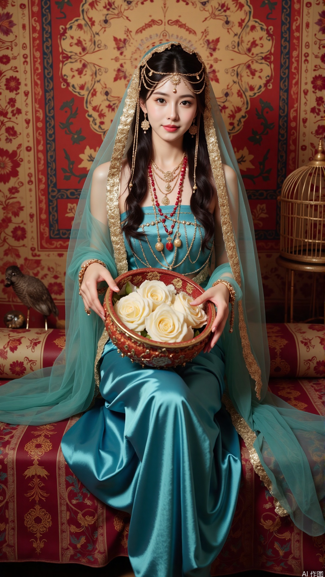 The image is a portrait of a young woman dressed in traditional Indian attire. She is sitting on a bed with a red and gold patterned blanket and a birdcage in the background. The woman is wearing a long, flowing blue dress with gold accents and a gold headpiece with intricate designs. She has long, dark hair styled in loose curls and is adorned with multiple necklaces and earrings.

In her hands, she is holding a large, ornate bowl filled with white flowers. The bowl is also decorated with gold and red beads. The overall mood of the image is elegant and regal.