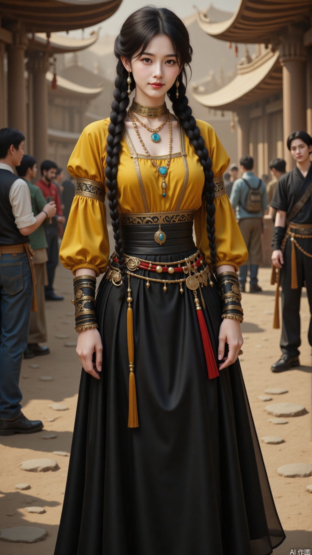 The imelegant and sophisticated.age is a digital illustration of a young woman dressed in traditional Chinese clothing. She is standing in a courtyard with a group of people in the background. The woman is wearing a long black dress with a yellow top and a black skirt. She has long black braided hair styled in two braids and is accessorized with a gold necklace and earrings. Her hair is styled in a half-up, half-down braid with a blue gemstone in the center. She also has a gold belt with gold accents and a red tassel hanging from it. The overall style of the outfit is 