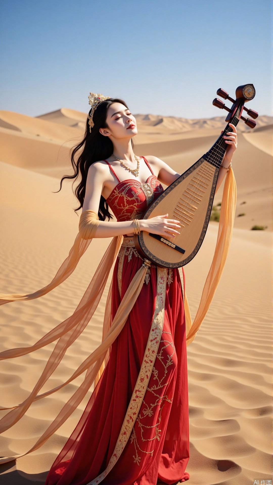 The image shows a young woman playing a musical instrument in a desert-like setting. She is wearing a long, flowing red and gold dress with intricate patterns and designs. The dress has a high neckline and long sleeves, and the skirt is flowing in the wind. The woman is holding the instrument with both hands and appears to be in the middle of a performance. She has long dark hair and is looking up at the sky with a peaceful expression on her face. The background shows a vast expanse of sand dunes and a clear blue sky. The overall mood of the image is serene and serene.