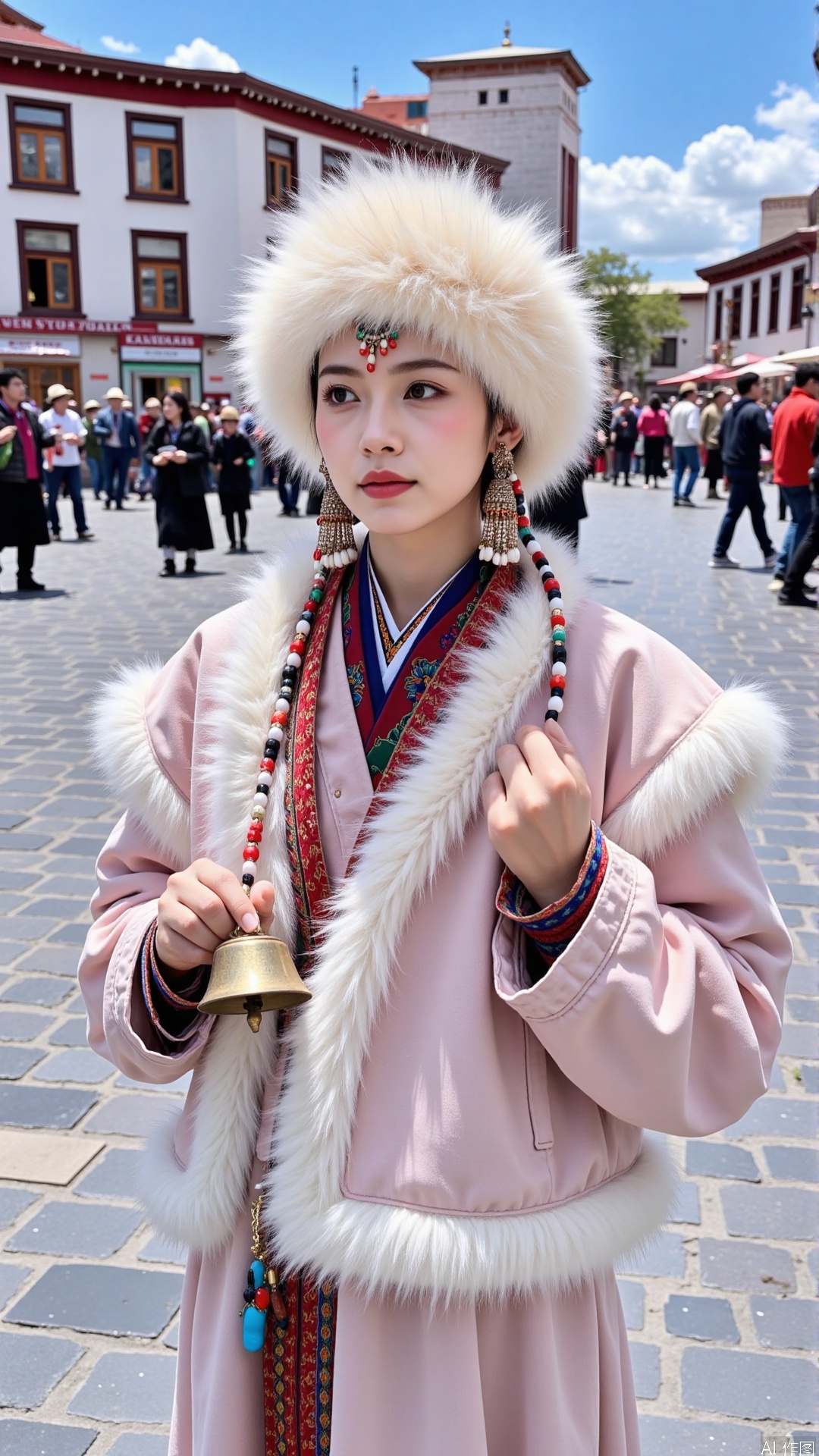 The image shows a young woman dressed in traditional Tibetan clothing, standing in a square with a crowd of people in the background. She is wearing a white fur hat with a feather on top and a pink jacket with colorful embroidery. The woman is holding a small golden bell in her hand and is looking off to the side with a serious expression on her face. The square is made of cobblestones and there are several buildings and temples visible in the distance. The sky is blue with some clouds.