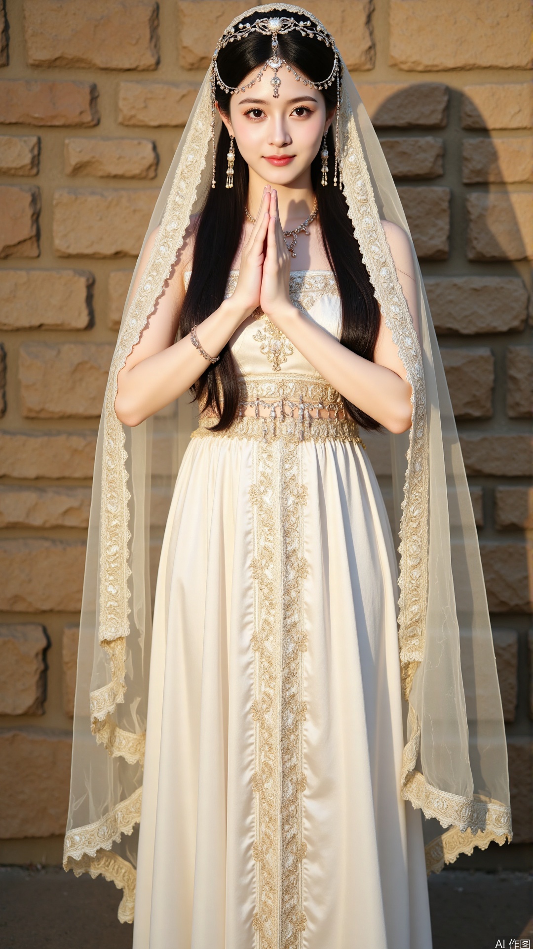 The image shows a young woman standing in front of a stone wall with her hands clasped together in prayer. She is wearing a long, flowing white dress with intricate gold embroidery and a long veil that cascades over her shoulders. Her hair is styled in loose waves and she has a crown of flowers on her head. She has a serious expression on her face and is looking directly at the camera. The overall mood of the image is peaceful and serene.