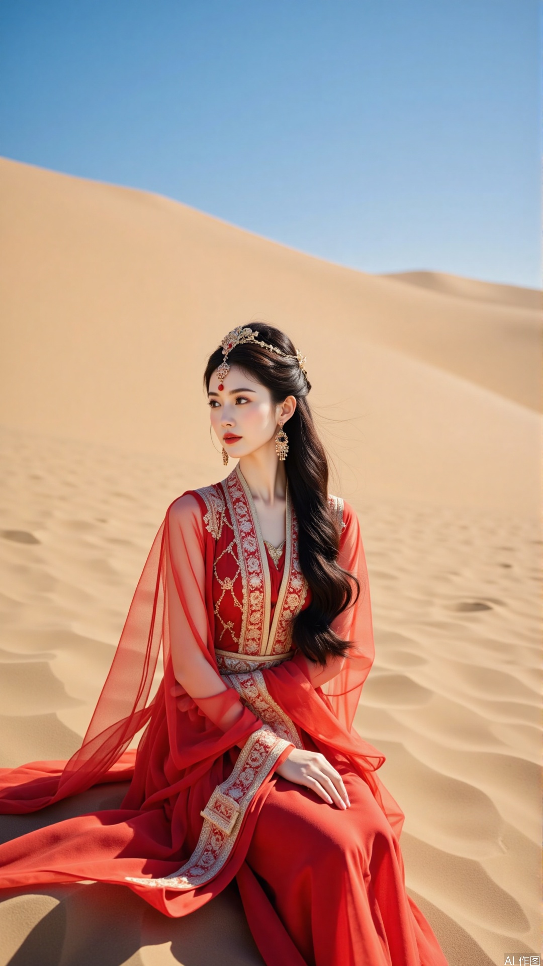 The image is a portrait of a young woman sitting on a sand dune. She is wearing a traditional red dress with gold embroidery and a gold headpiece. Her long black hair is styled in loose waves and she is looking off to the side with a serious expression on her face. The background is a clear blue sky and the sand dunes stretch out in all directions. The overall mood of the image is peaceful and serene.