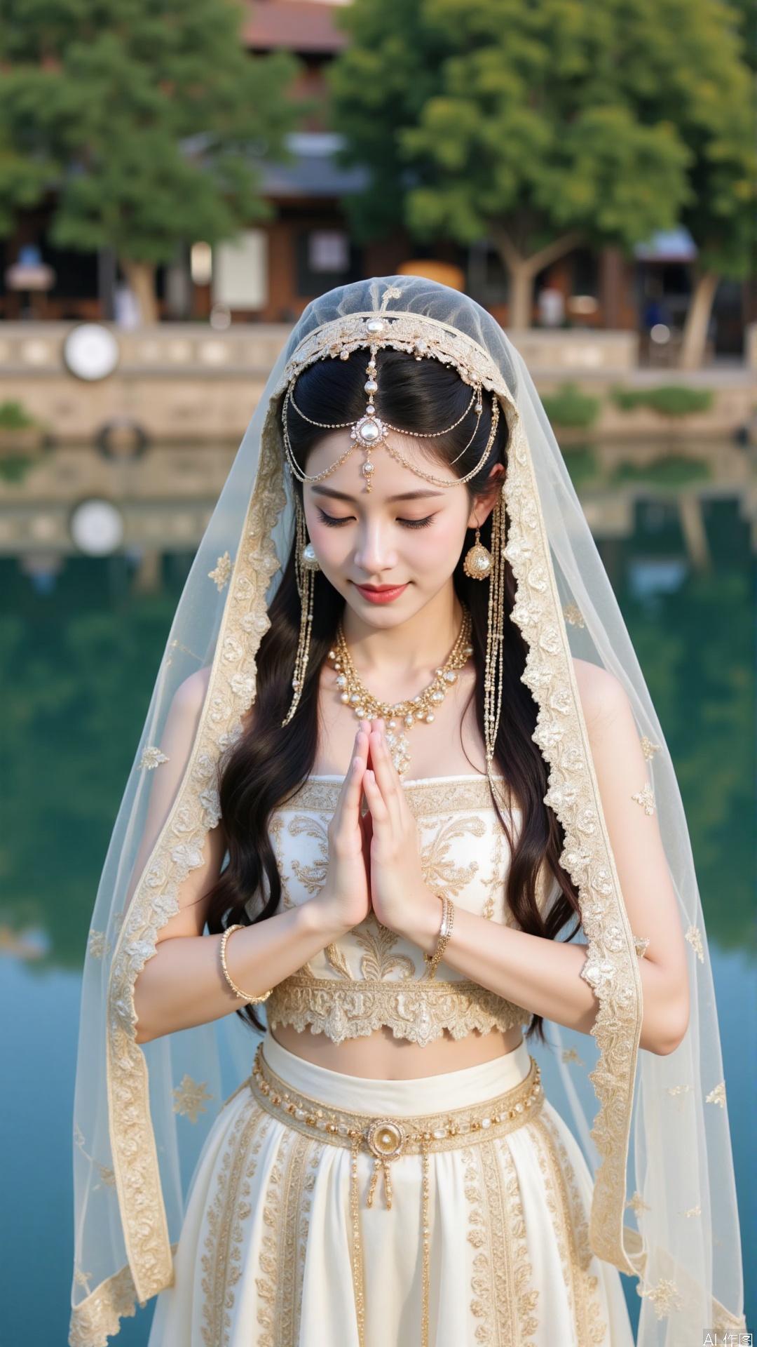 The image is a portrait of a young woman wearing a traditional Indian wedding outfit. She is standing in front of a body of water with trees and buildings in the background. The woman is wearing a white saree with intricate gold embroidery and a matching blouse. She has long dark hair styled in loose waves and is adorned with a gold headpiece with intricate designs. Her eyes are closed and her hands are clasped together in a prayer-like gesture. The overall mood of the image is peaceful and serene.
