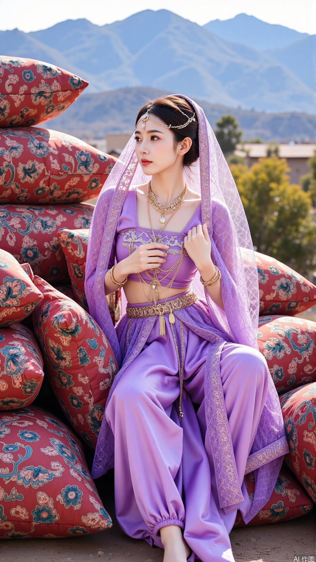The image shows a young woman sitting on a pile of colorful pillows. She is wearing a traditional Indian outfit, which is a purple lehenga with intricate embroidery and a matching dupatta draped over her head. The dupatta is made of a sheer fabric with a floral pattern. The woman is also wearing a gold necklace and earrings. She has her hair styled in a bun and is looking off to the side with a serious expression on her face. In the background, there are mountains and a clear blue sky. The overall mood of the image is peaceful and serene.