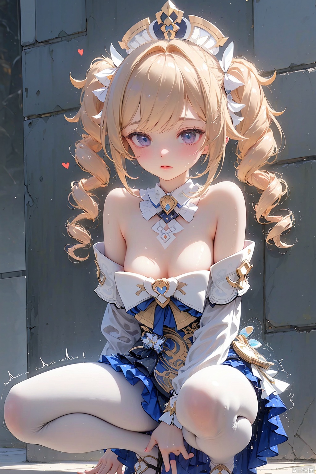 1girl
breasts
looking at viewer
blush
bangs
blue eyes
skirt
blonde hair
long sleeves
hat
dress
cleavage
bare shoulders
twintails
closed mouth
heart
pantyhose
sweat
small breasts
outdoors
detached sleeves
solo focus
day
spread legs
off shoulder
clothes lift
white dress
detached collar
white headwear
drill hair
skirt lift
squatting
trembling
lifted by self
twin drills
white pantyhose
exhibitionism
barbara \(genshin impact\)
