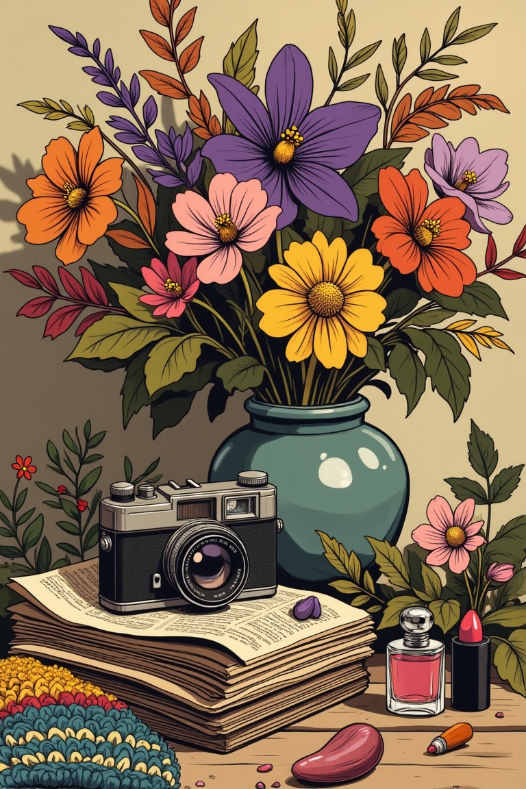 Create a vintage vector illustration that captures a vibrant and artistic scene. In the foreground,  stack old newspapers...