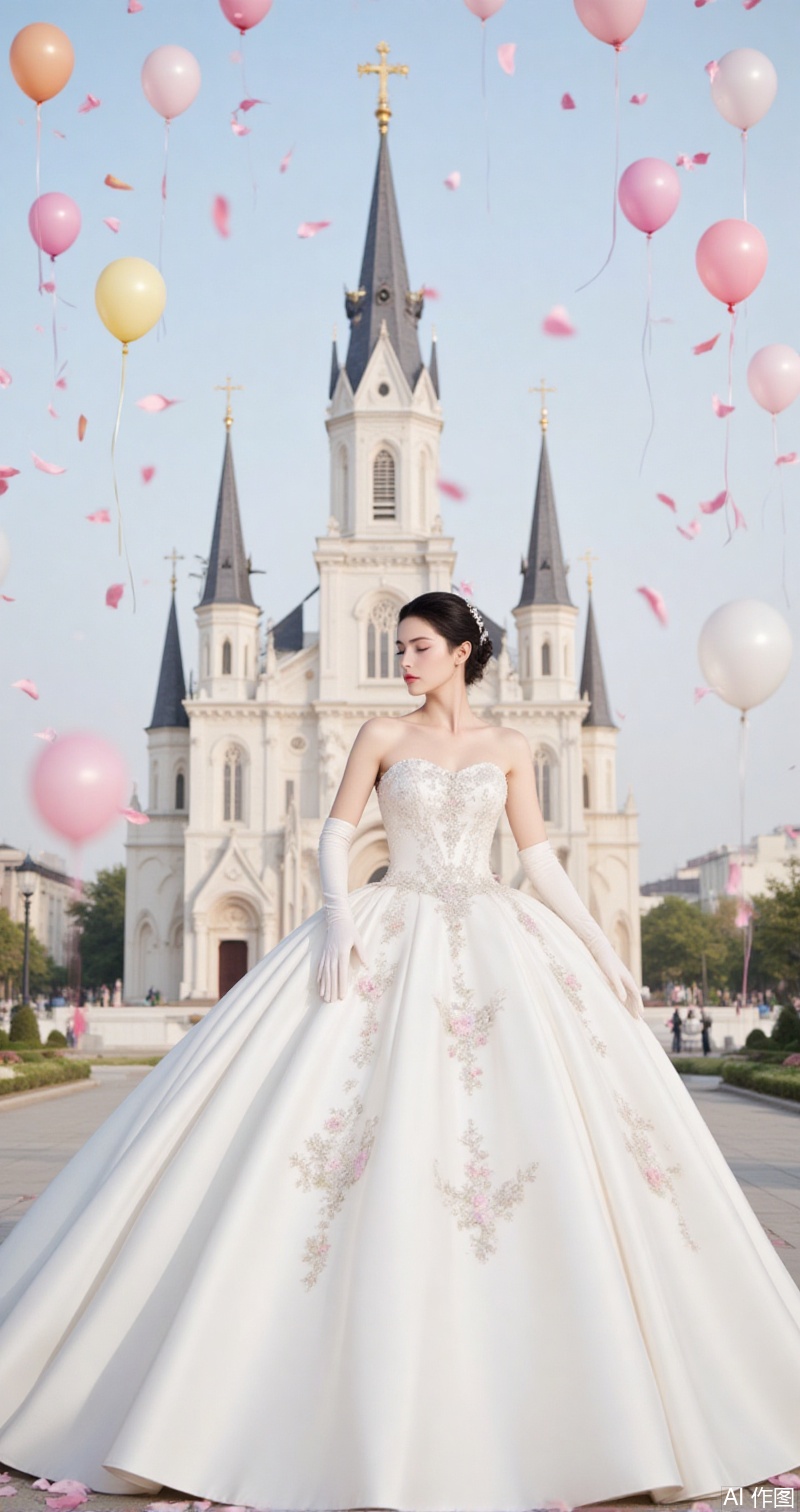 baoshi,lvjing,xiaomei,pifu,hunsha,1girl,dress,solo,gloves,black hair,elbow gloves,white dress,bare shoulders,white gloves,wedding dress,closed eyes,long dress,strapless,short hair,church,in the background is the 1 glorious church,a large number of petals and balloons flying in the air