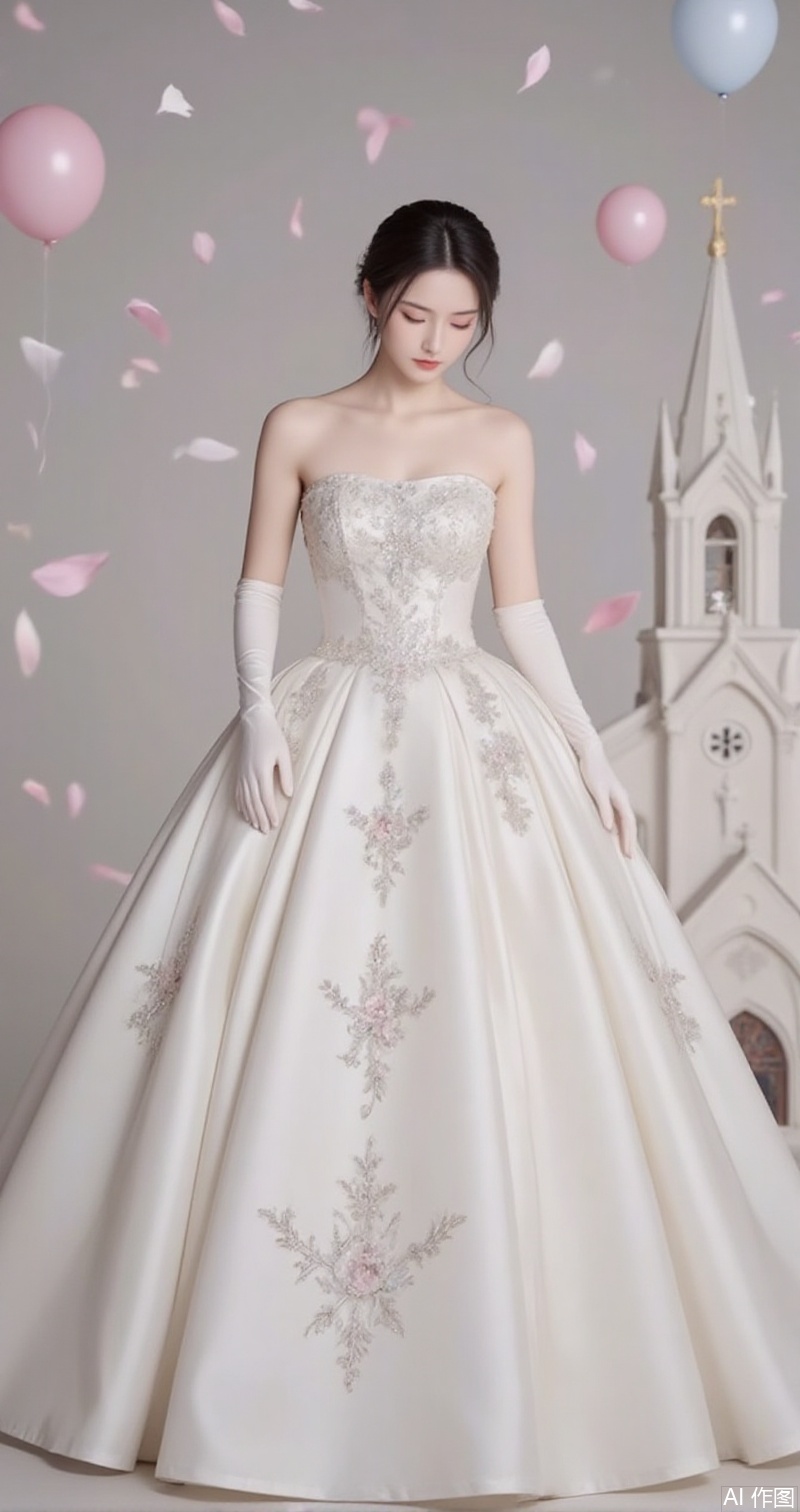 baoshi,lvjing,xiaomei,pifu,hunsha,1girl,dress,solo,gloves,black hair,elbow gloves,white dress,bare shoulders,white gloves,wedding dress,closed eyes,full body,long dress,grey background,strapless,standing,short hair,church,in the background is the 1 glorious church,a large number of petals and balloons flying in the air,simple background,gradient_background
