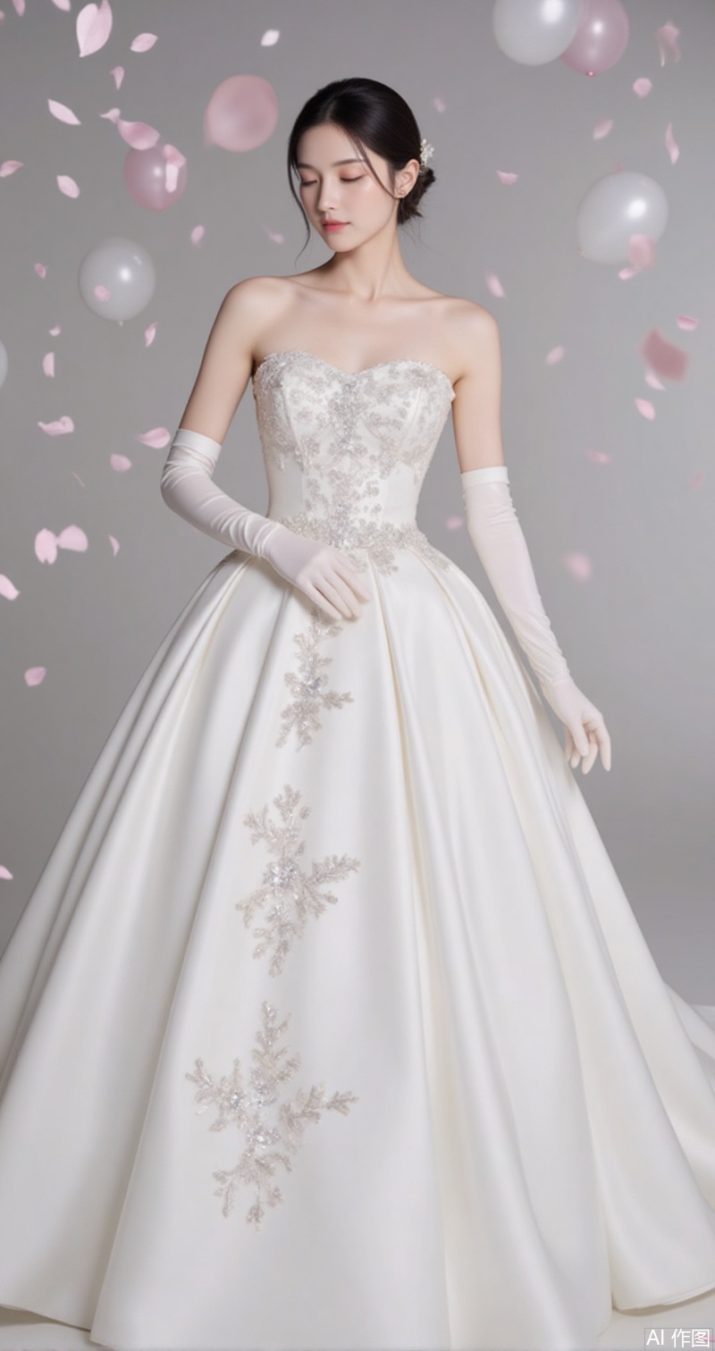 baoshi,lvjing,xiaomei,pifu,hunsha,1girl,dress,solo,gloves,black hair,elbow gloves,white dress,bare shoulders,white gloves,wedding dress,closed eyes,full body,long dress,grey background,strapless,standing,short hair,in the background is the 1 glorious church,a large number of petals and balloons flying in the air,cover,simple background,gradient_background,,Close-up details,outstanding style,adding a touch of dimension to your images without compromising details,close-up,
