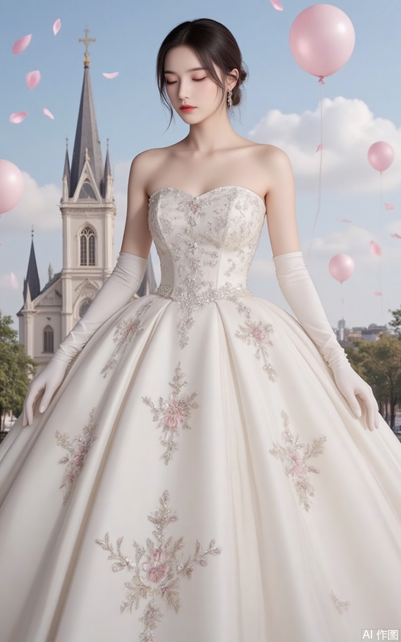 baoshi,lvjing,xiaomei,pifu,hunsha,1girl,dress,solo,gloves,black hair,elbow gloves,white dress,bare shoulders,white gloves,wedding dress,closed eyes,long dress,strapless,short hair,church,in the background is the 1 glorious church,a large number of petals and balloons flying in the air