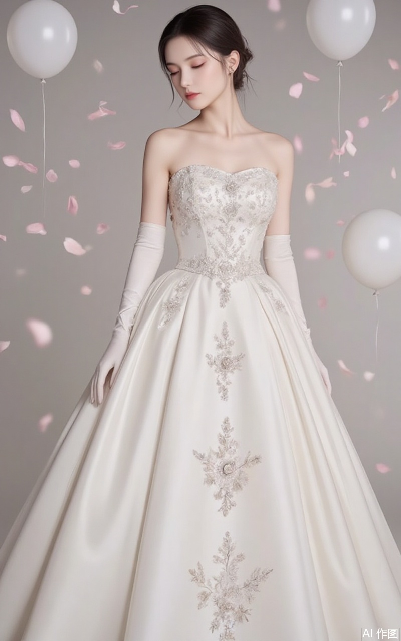 baoshi,lvjing,xiaomei,pifu,hunsha,1girl,dress,solo,gloves,black hair,elbow gloves,white dress,bare shoulders,white gloves,wedding dress,closed eyes,full body,long dress,grey background,strapless,standing,short hair,in the background is the 1 glorious church,a large number of petals and balloons flying in the air,cover,simple background,gradient_background,,Close-up details,outstanding style,adding a touch of dimension to your images without compromising details,close-up,