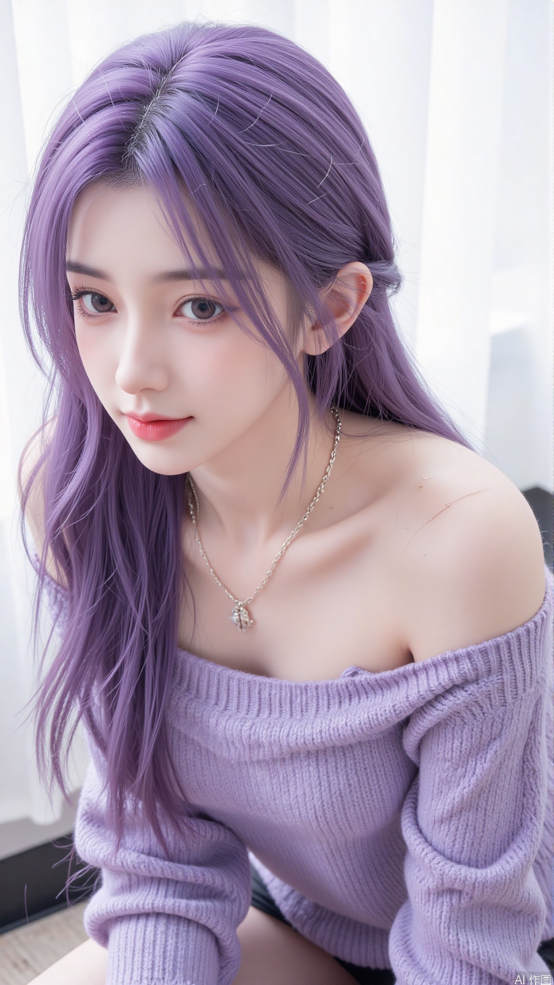 1girl, solo, long hair, looking at viewer, smile, purple hair, sitting, collarbone, off shoulder, grin, sweater, messy hair, realistic