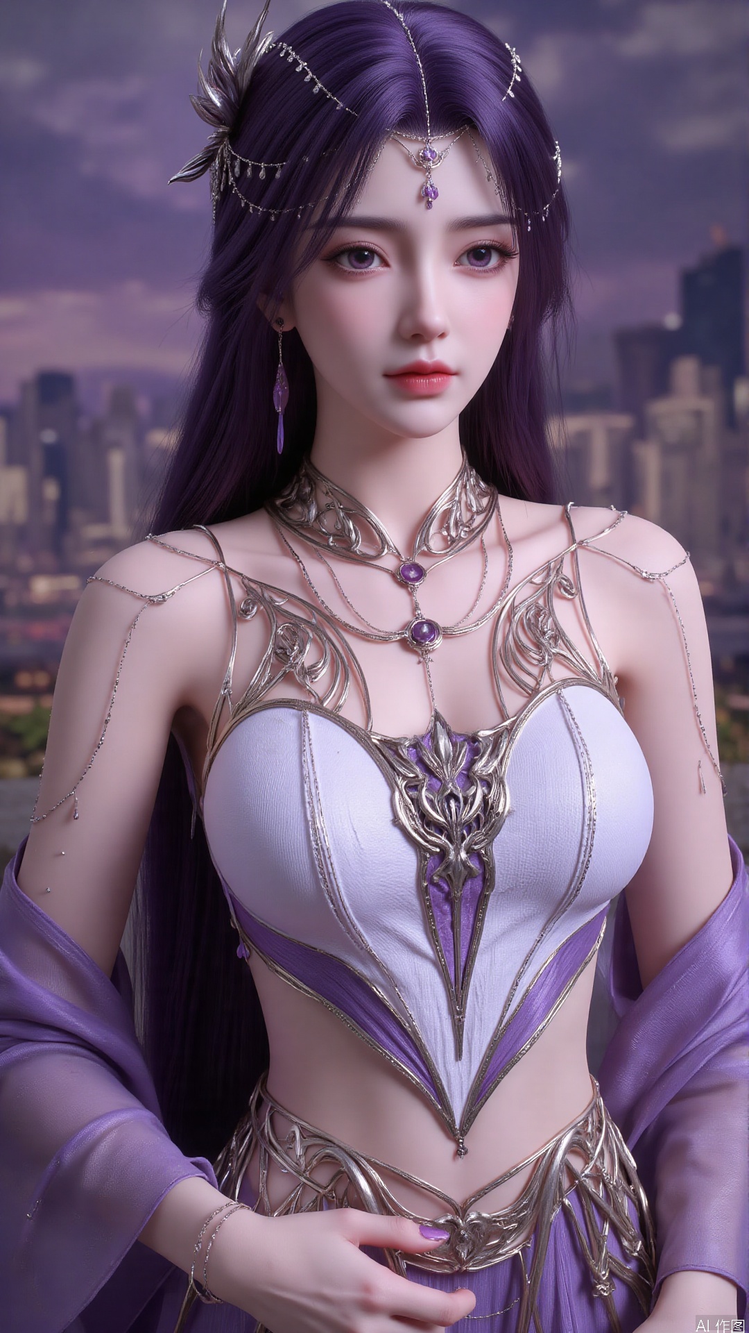  masterpiece,best quality,1girl, long hair, jewelry, purple hair, purple dress, bare shoulders, cowboy shot, dynamic pose, dynamic angle,