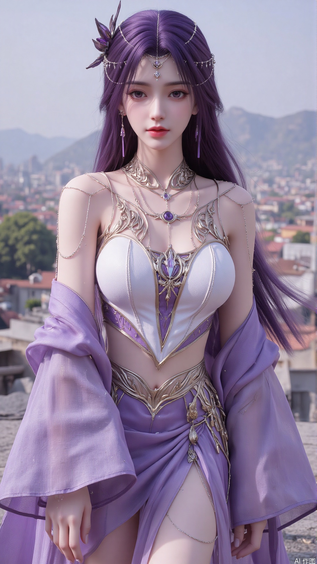  masterpiece,best quality,1girl, long hair, jewelry, purple hair, purple dress, bare shoulders, cowboy shot, dynamic pose, dynamic angle,