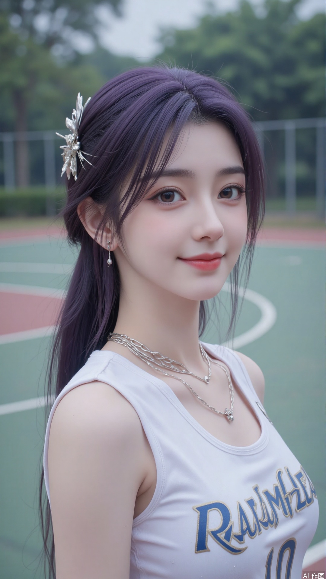 Character: a young Chinese woman playing basketball, white blue sport suit, Gazing at the camera with a soft, serene expression, long purple hair, smile,
Environment: basketball court. 
Atmosphere: peaceful and serene. 
Quality: masterpiece, high quality, fine details, natural lighting, soft light diffused by mist. best quality,masterpiece
