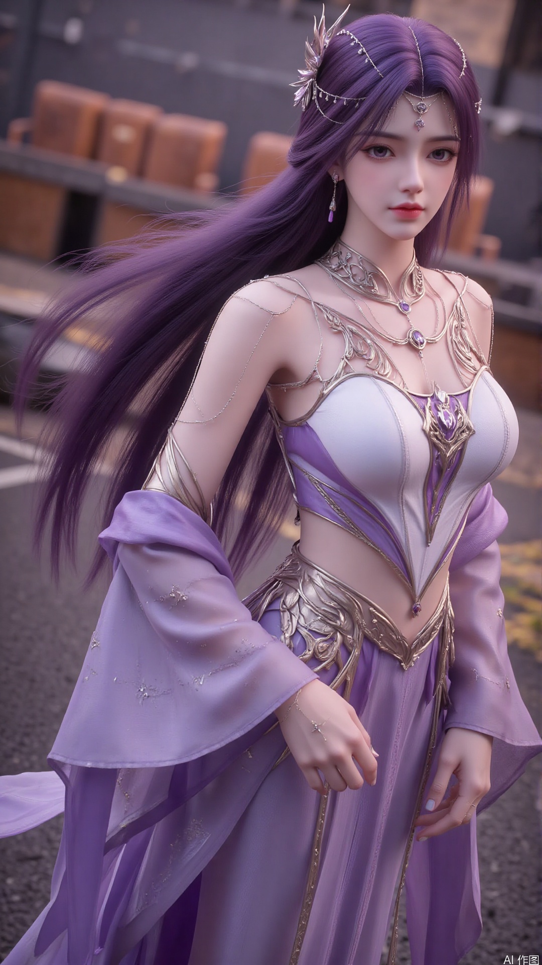  masterpiece,best quality,1girl, long hair, jewelry, purple hair, purple dress, bare shoulders, cowboy shot, dynamic pose, dynamic angle,
