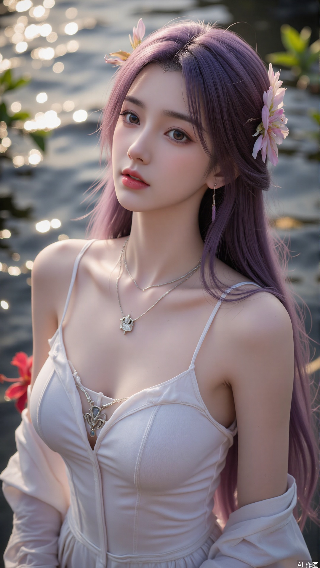 1girl, solo, long hair, breasts, looking at viewer, blush, open mouth, bangs, purple hair, hair ornament, dress, bare shoulders, brown eyes, medium breasts, collarbone, flower, parted lips, hair flower, water, white dress, sleeveless dress, leaf, plant, red flower, partially submerged, hibiscus
,backlighting,depth of field,cinematic lighting,light particles,lens flare, (artist:quasarcake:0.8),extreme aesthetic,(wlop:0.6),masterpiece,best quality,good quality,newest,very aesthetic,absurdres,Visual impact,A shot with tension, ultra-high resolution,32K UHD,sharp focus,best-quality,masterpiece,Emotionalization,unconventional supreme masterpiece,masterful details,temperate atmosphere,with a high-end texture,in the style of fashion photography, (alzi xiaomI:1.2),(mogumo:1.1),(good hands, nice hands:0.5),giving the poster a dynamic and visually striking appearance,impactful picture,offcial art,colorful,movie perspective, masterpiece,best quality,amazing quality,very aesthetic,absurdres,best quality,newest