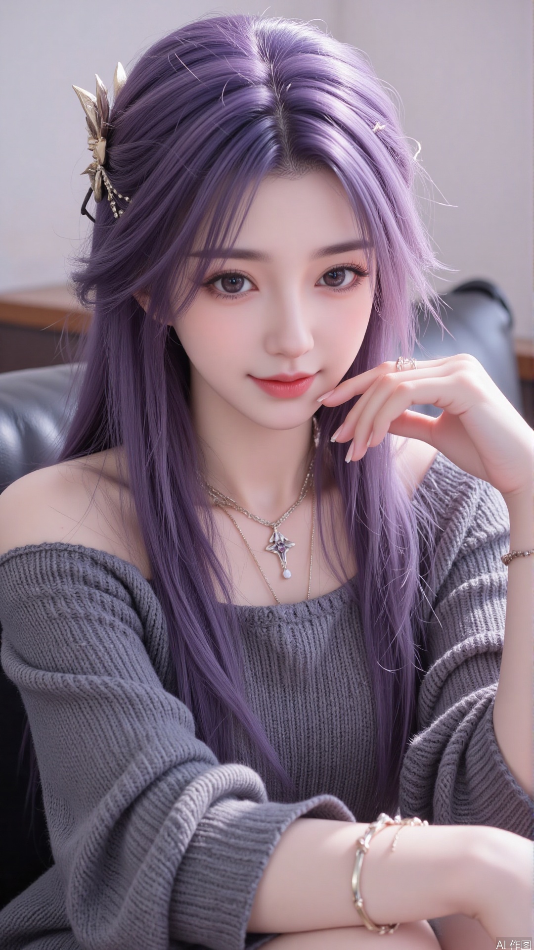 1girl, solo, long hair, looking at viewer, smile, purple hair, sitting, collarbone, off shoulder, grin, sweater, messy hair, realistic