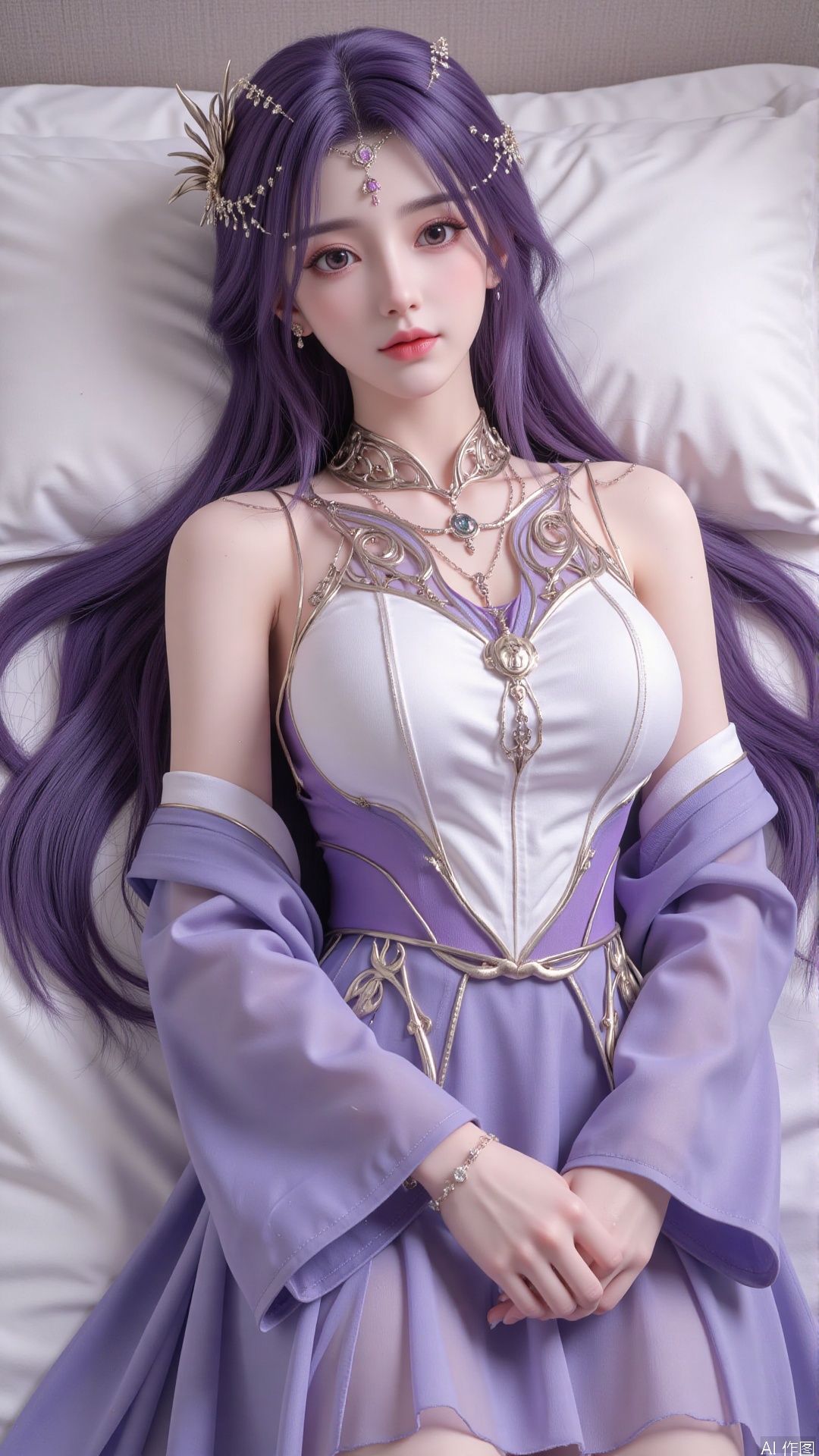  1girl, long hair, purple hair, lie on the bed, (school uniform:1.4),looking at viewer, mischevious smile, perfect body, scenery, sharp focus, best quality, masterpiece, detailed outfit, illustration, perfect eyes, finely detailed beautiful anime eyes, realistic skin, intricate details, best lighting, depth of field, ultra high resolution